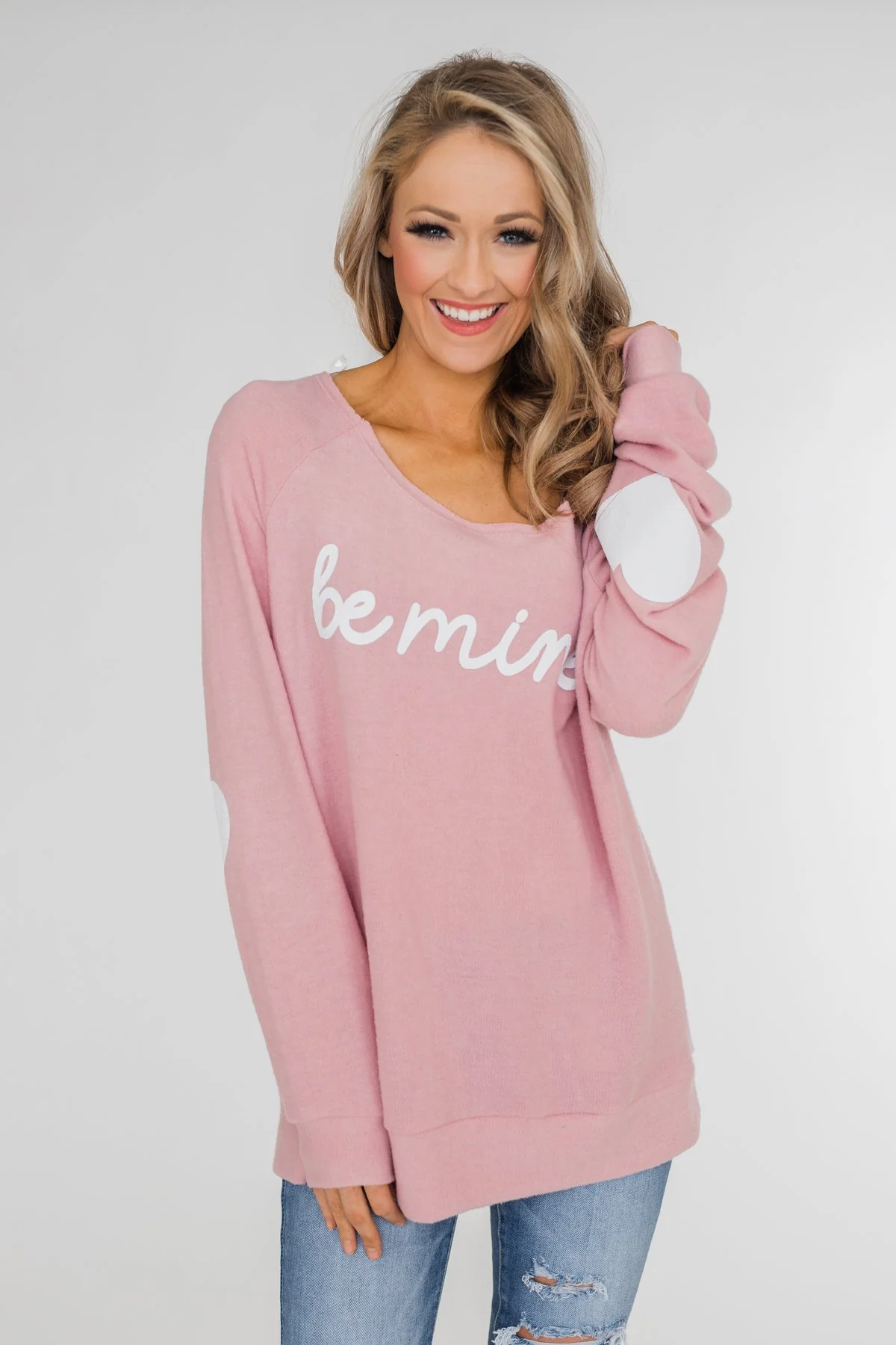 "Be Mine" Heart Elbow Patch Top - Blush - Image 4