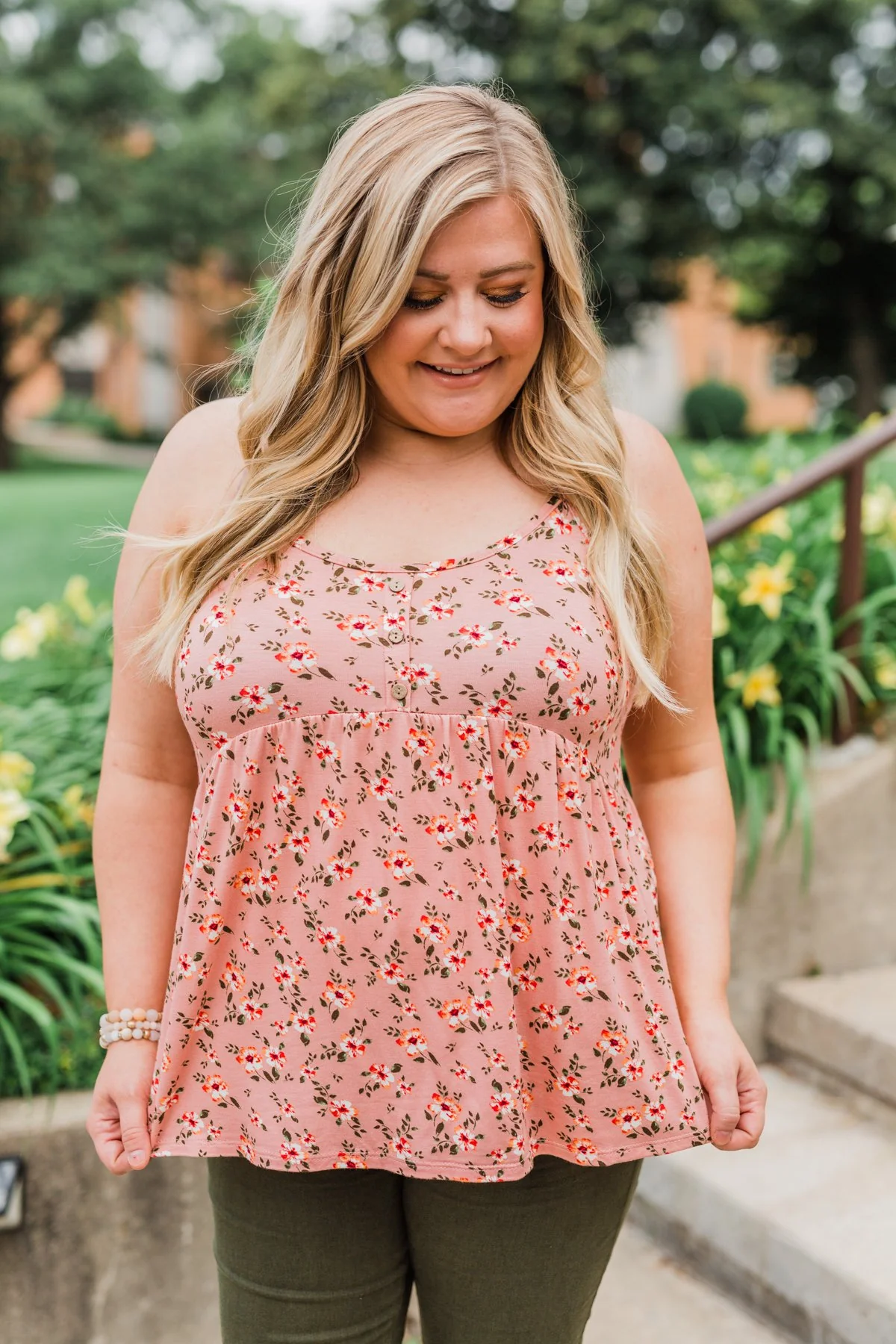 Be My Baby 3 Button Floral Babydoll Tank Top- Pink - Image 2