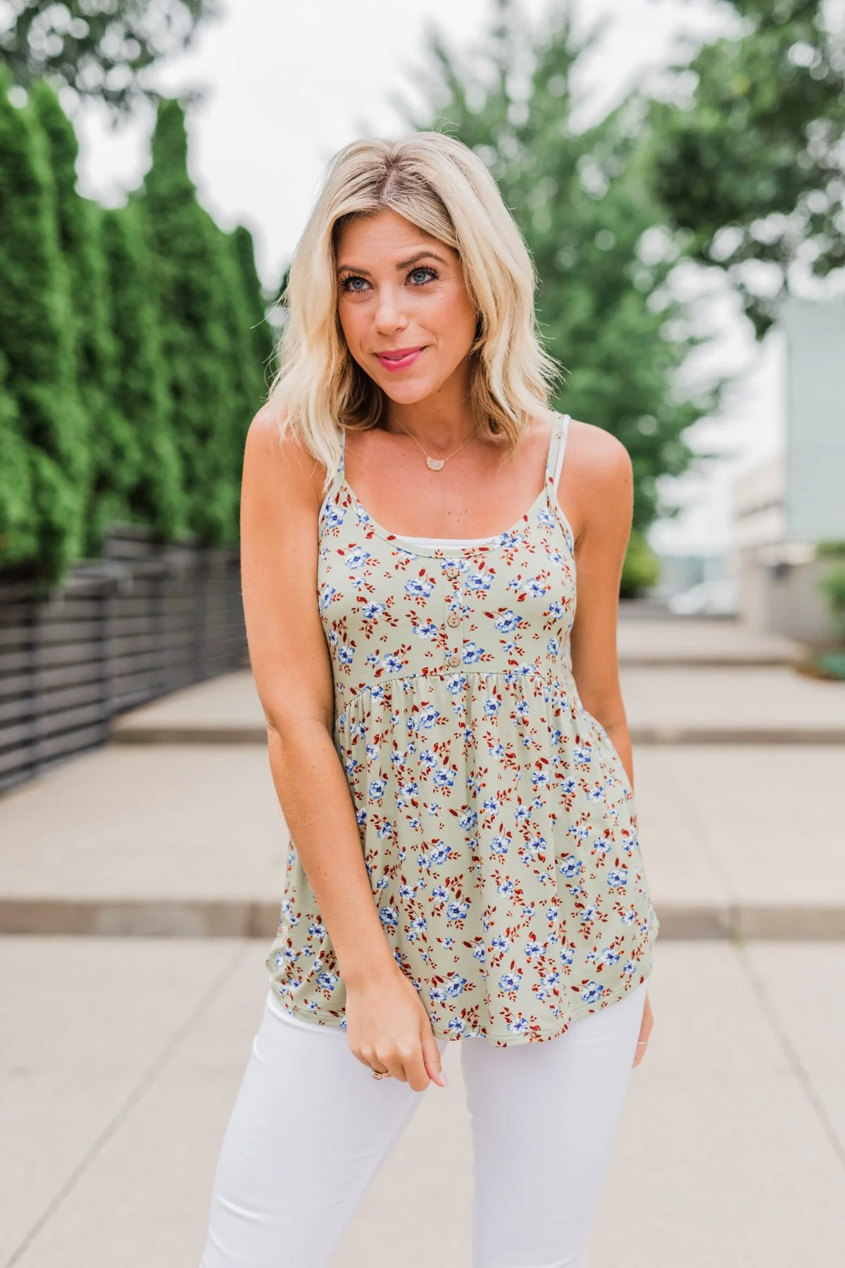 Be My Baby 3 Button Floral Babydoll Tank Top- Sage - Image 4