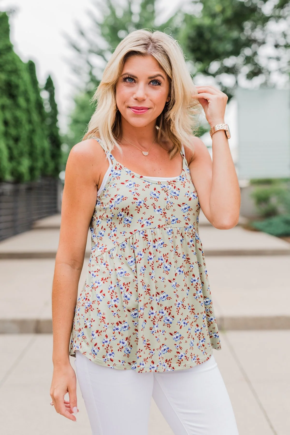 Be My Baby 3 Button Floral Babydoll Tank Top- Sage - Image 6