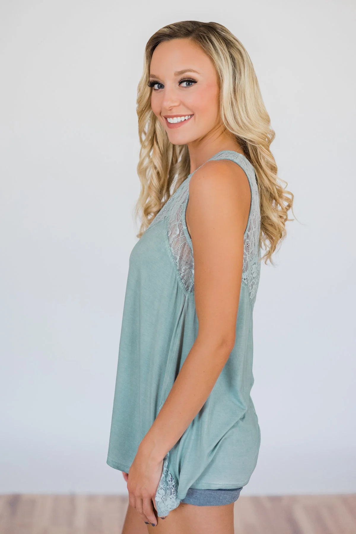 Be Near Me Lace Detail Tank Top- Vintage Sea Foam - Image 10