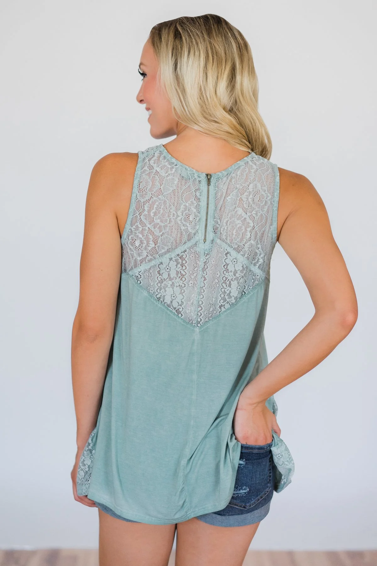 Be Near Me Lace Detail Tank Top- Vintage Sea Foam - Image 11