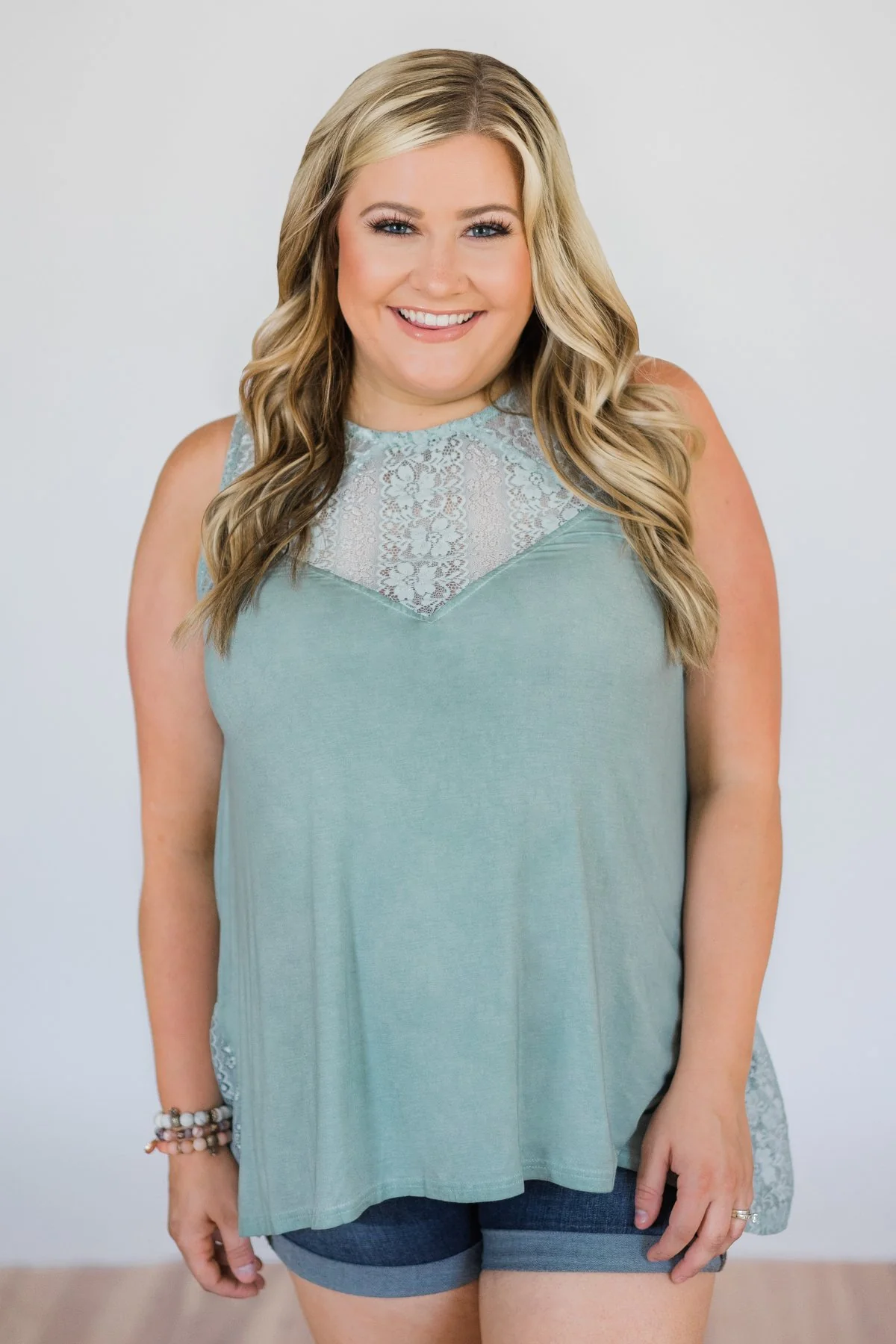 Be Near Me Lace Detail Tank Top- Vintage Sea Foam - Image 2
