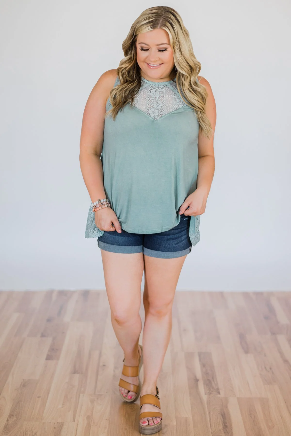 Be Near Me Lace Detail Tank Top- Vintage Sea Foam - Image 3