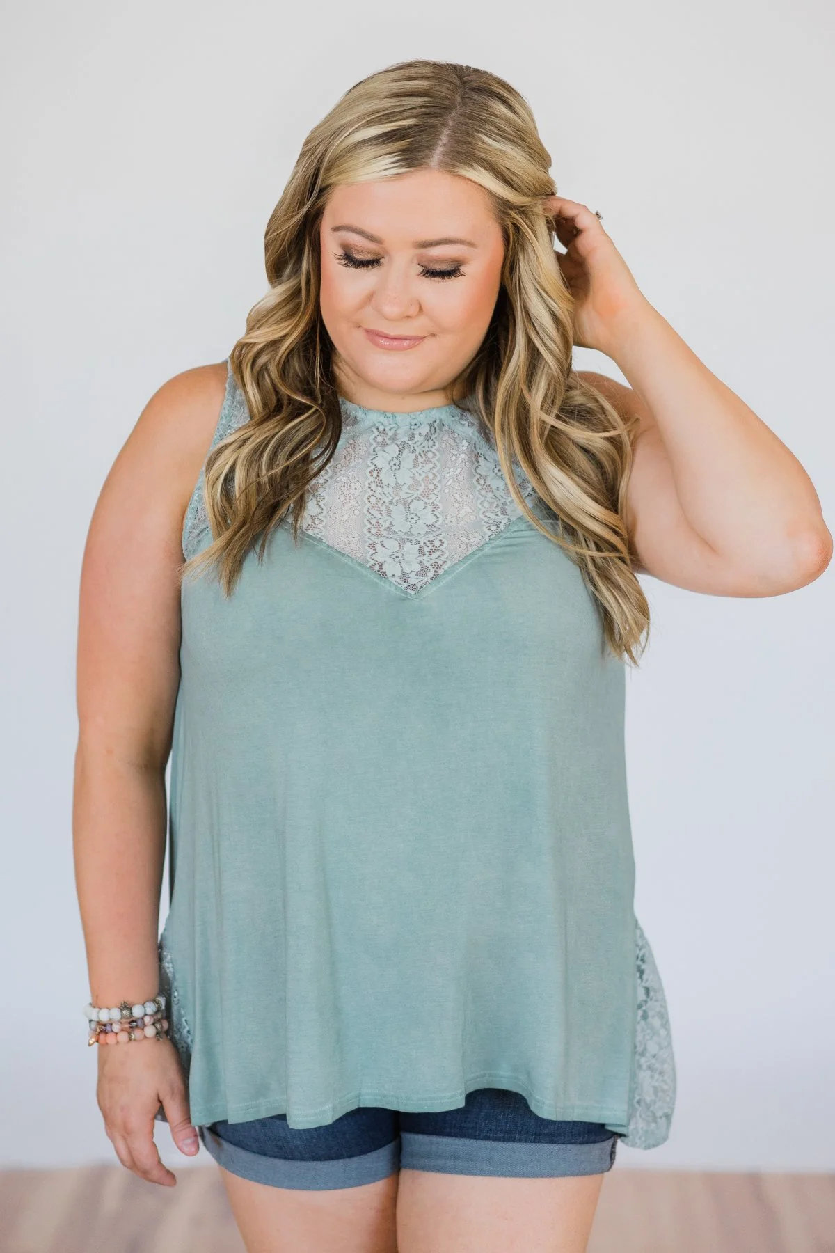 Be Near Me Lace Detail Tank Top- Vintage Sea Foam - Image 4