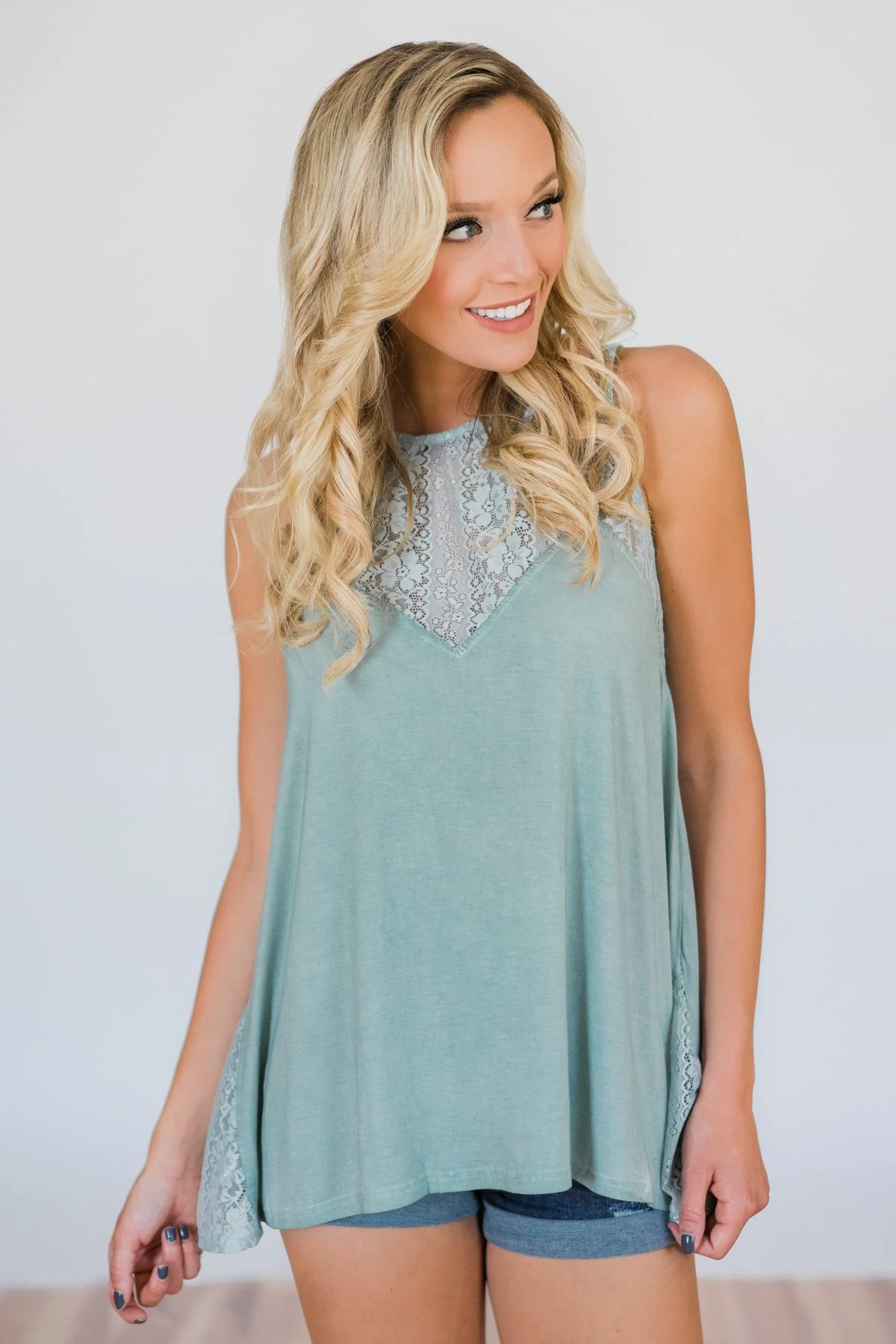 Be Near Me Lace Detail Tank Top- Vintage Sea Foam - Image 9