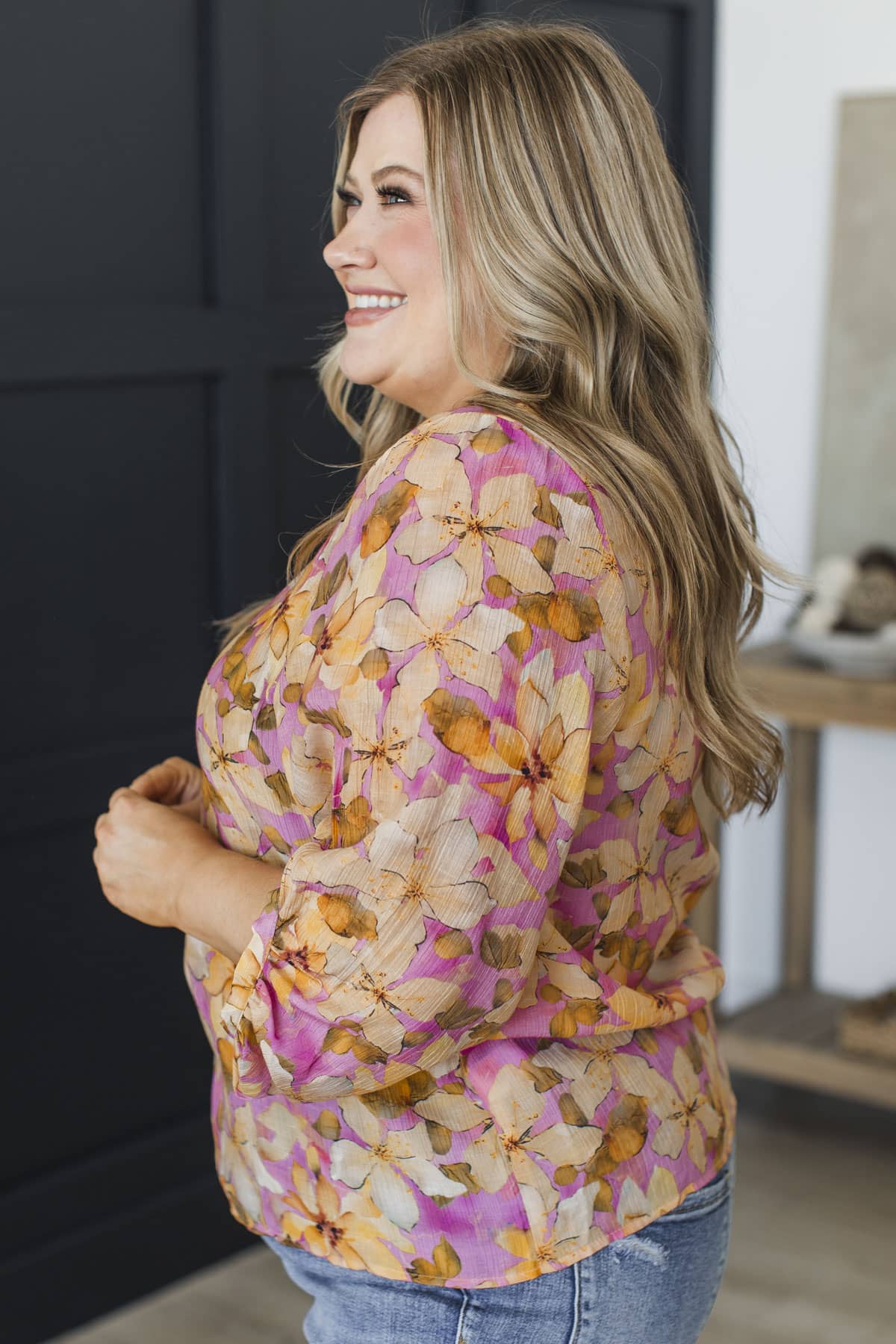 Be Radiant Balloon Sleeve Floral Blouse- Pink & Pale Yellow - Image 5