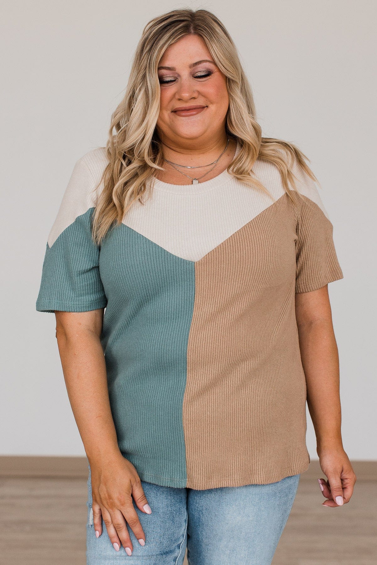 Be The Exception Color Block Top- Taupe & Teal - Image 5