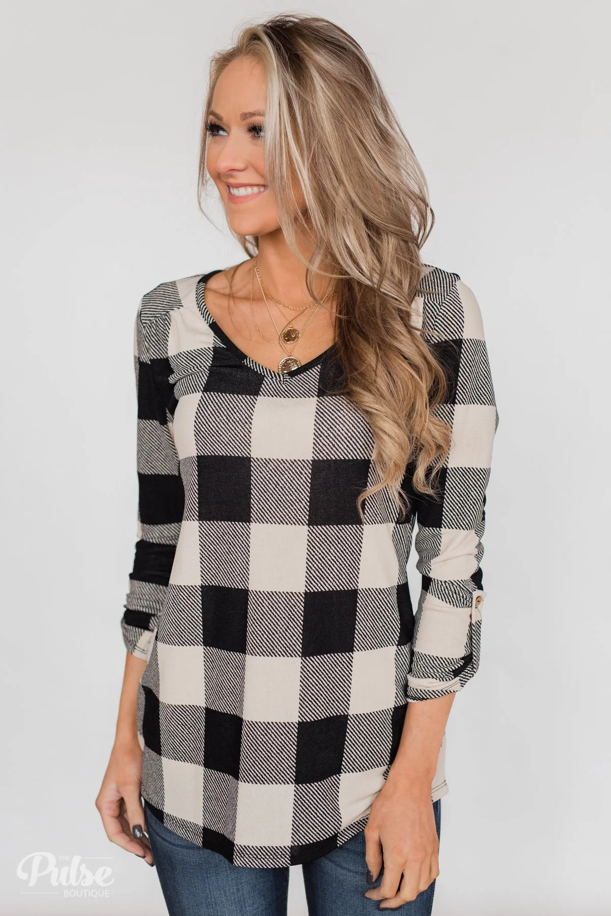 Be With You 3/4 Sleeve Buffalo Plaid Top- Cream & Black - Image 11
