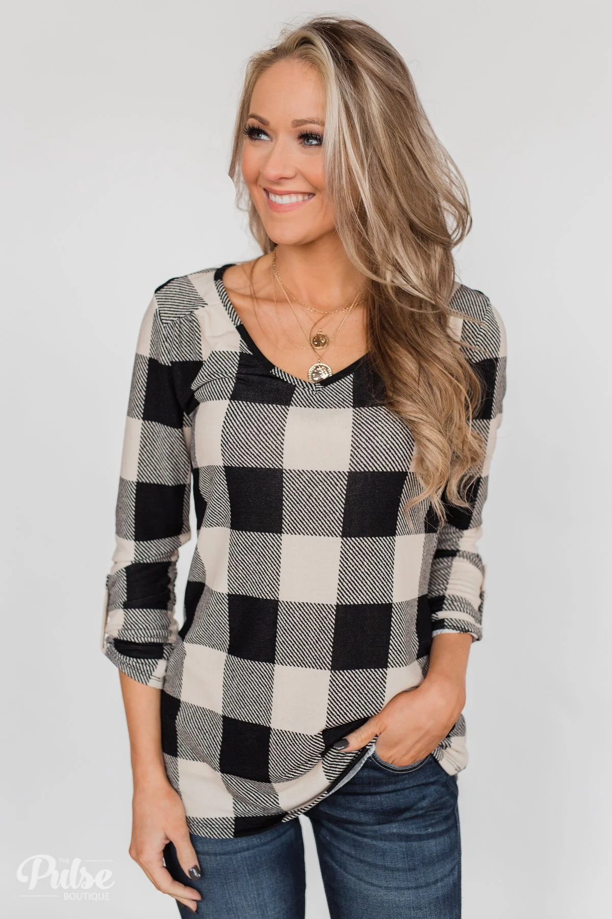 Be With You 3/4 Sleeve Buffalo Plaid Top- Cream & Black - Image 2