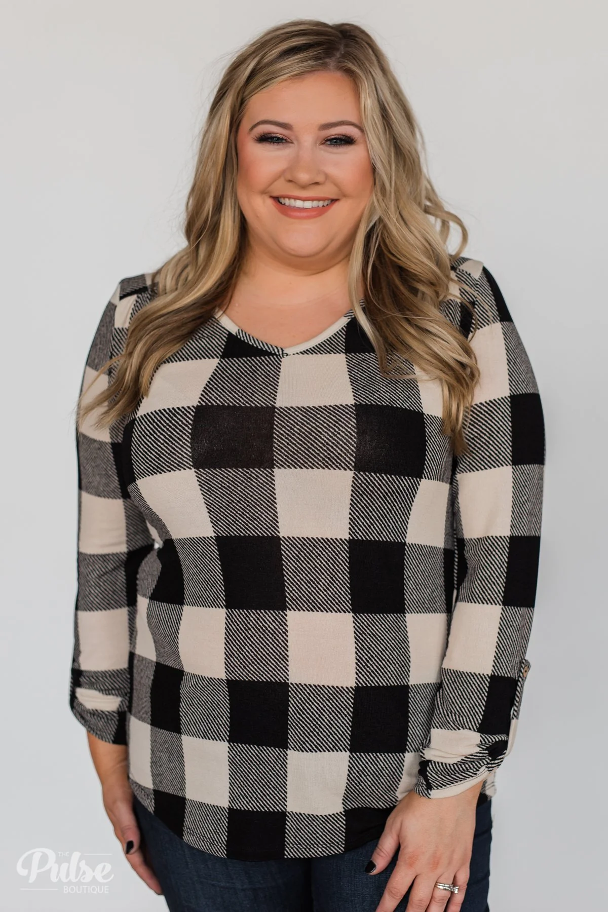 Be With You 3/4 Sleeve Buffalo Plaid Top- Cream & Black - Image 4