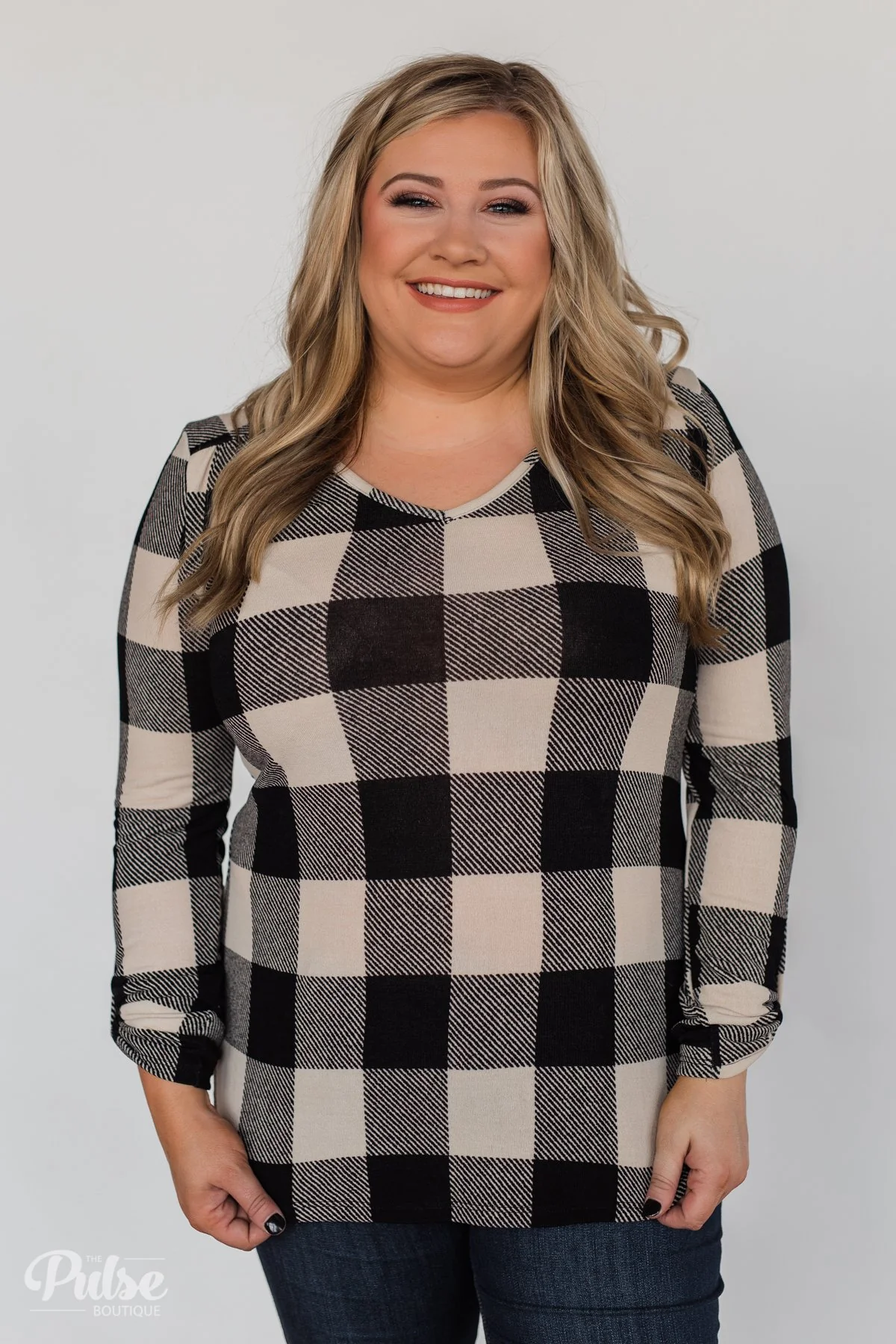 Be With You 3/4 Sleeve Buffalo Plaid Top- Cream & Black - Image 5