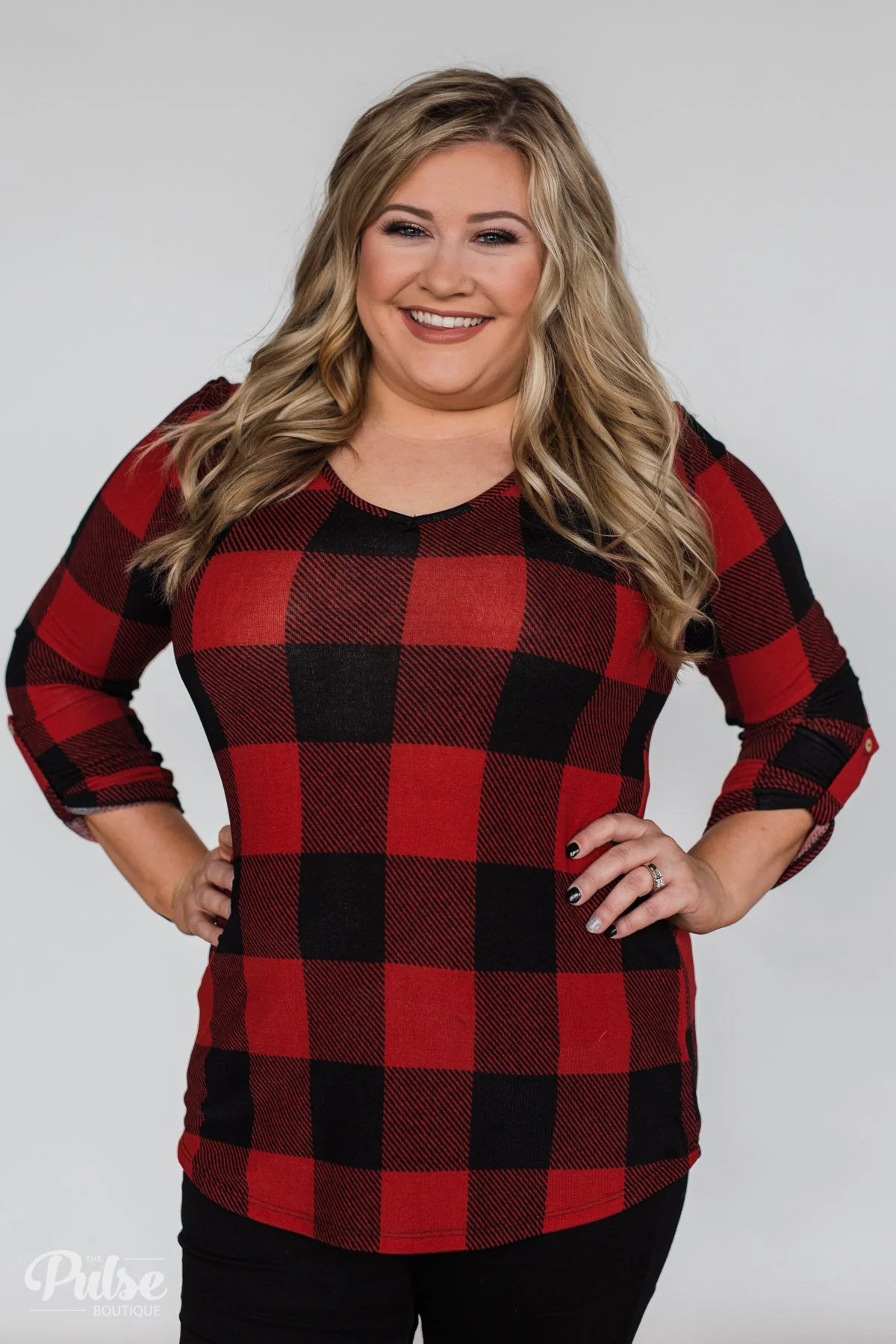 Be With You 3/4 Sleeve Buffalo Plaid Top- Red & Black