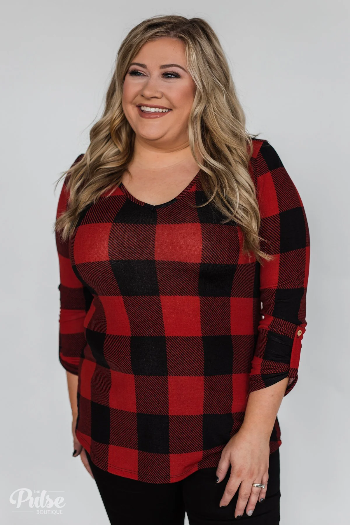 Be With You 3/4 Sleeve Buffalo Plaid Top- Red & Black - Image 10