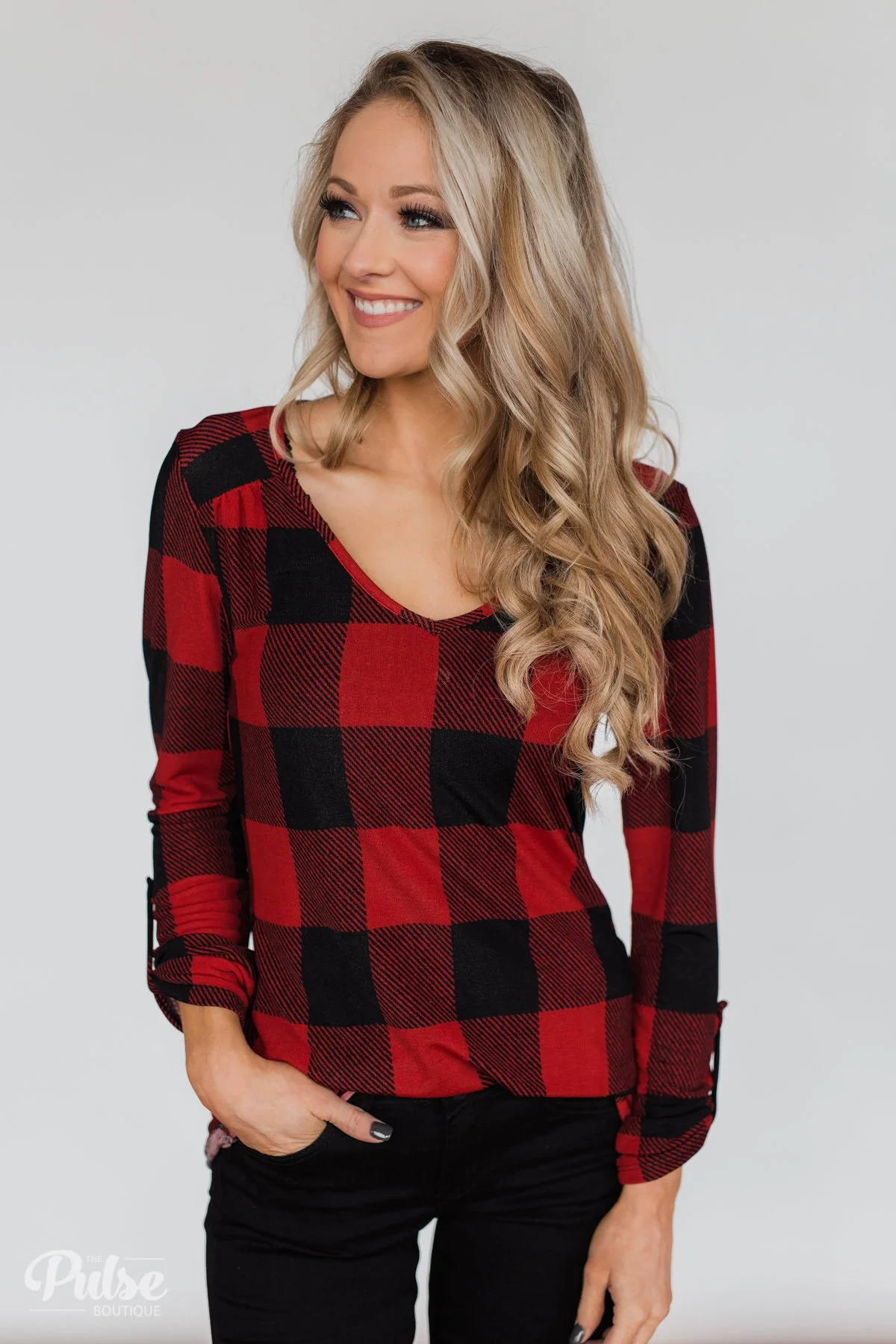 Be With You 3/4 Sleeve Buffalo Plaid Top- Red & Black - Image 2