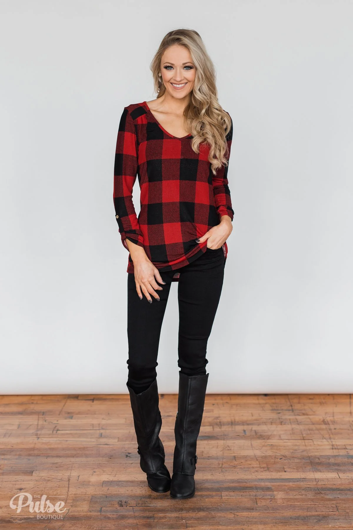 Be With You 3/4 Sleeve Buffalo Plaid Top- Red & Black - Image 3