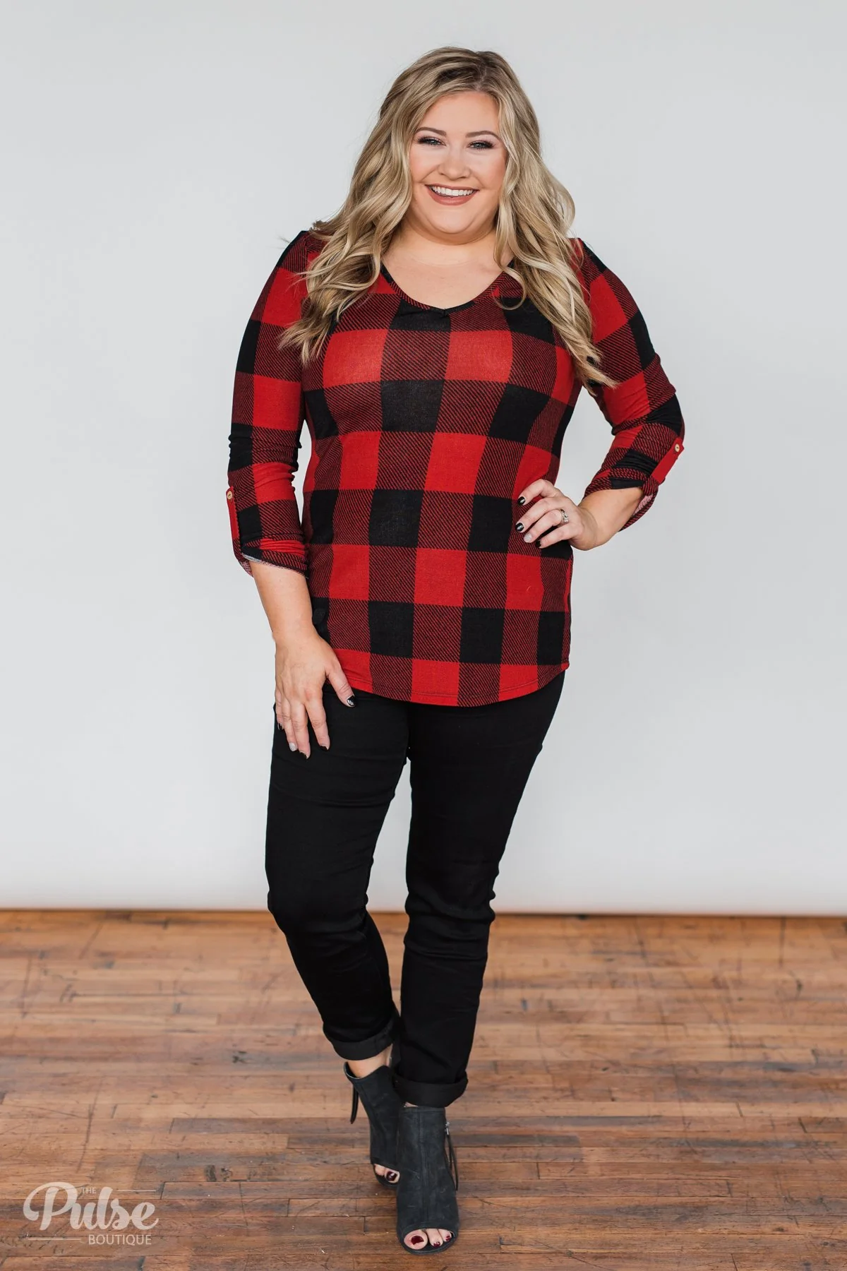 Be With You 3/4 Sleeve Buffalo Plaid Top- Red & Black - Image 4