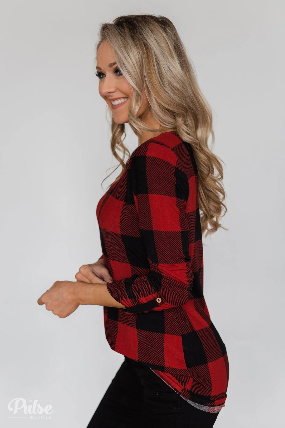 Be With You 3/4 Sleeve Buffalo Plaid Top- Red & Black - Image 8