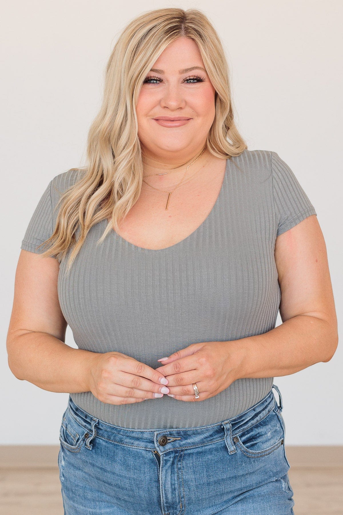Be Your Authentic Self Ribbed Bodysuit- Slate Gray - Image 2