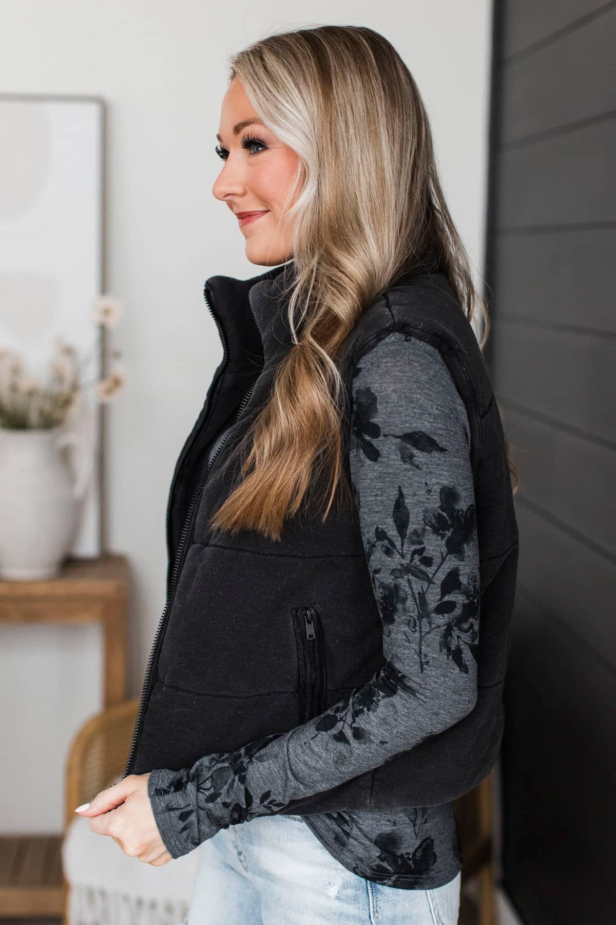 Be Yours Today Stone Wash Puffer Vest- Black - Image 5