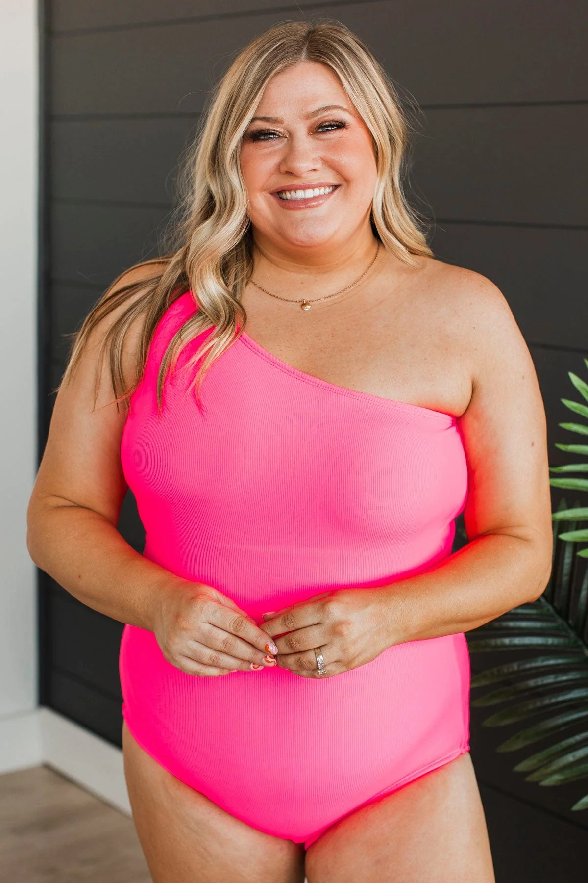Beach Bound Ribbed One-Piece Swimsuit- Neon Pink - Image 2