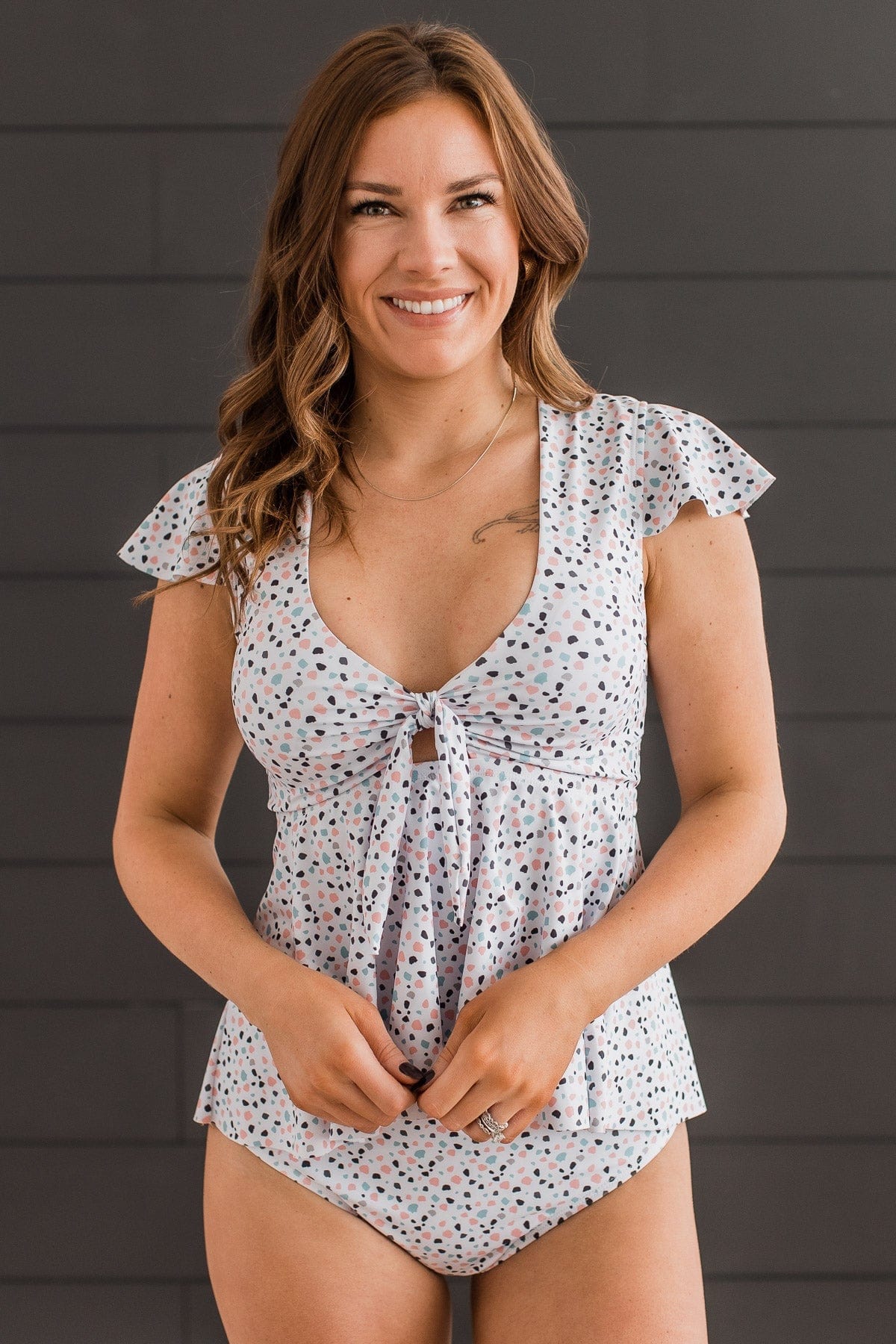 Beachside Beauty Spotted Peplum Tankini Top- White, Pink, & Blue - Image 4