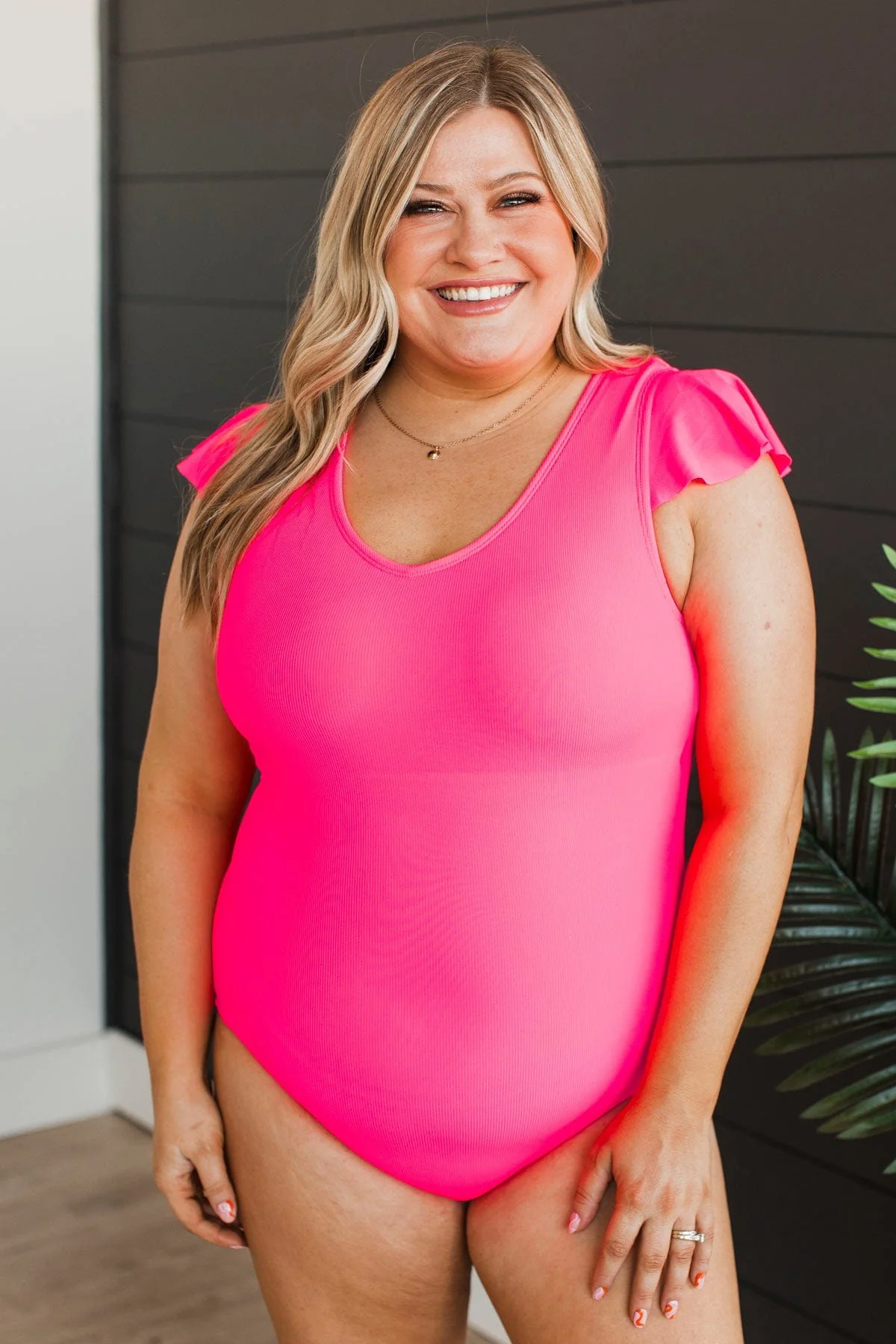 Beachside Bliss Ribbed One-Piece Swimsuit- Neon Pink