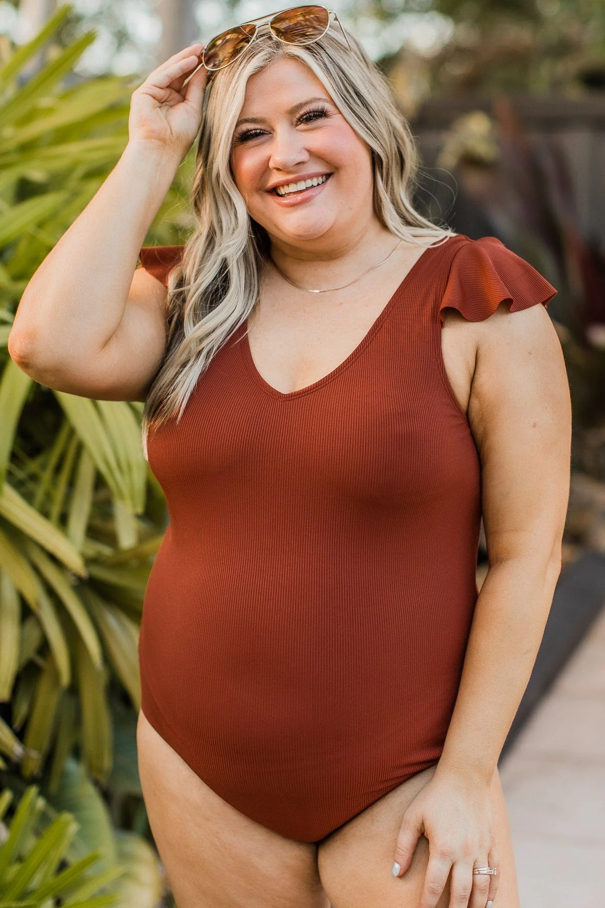Beachside Bliss Ribbed One-Piece Swimsuit- Rust - Image 2