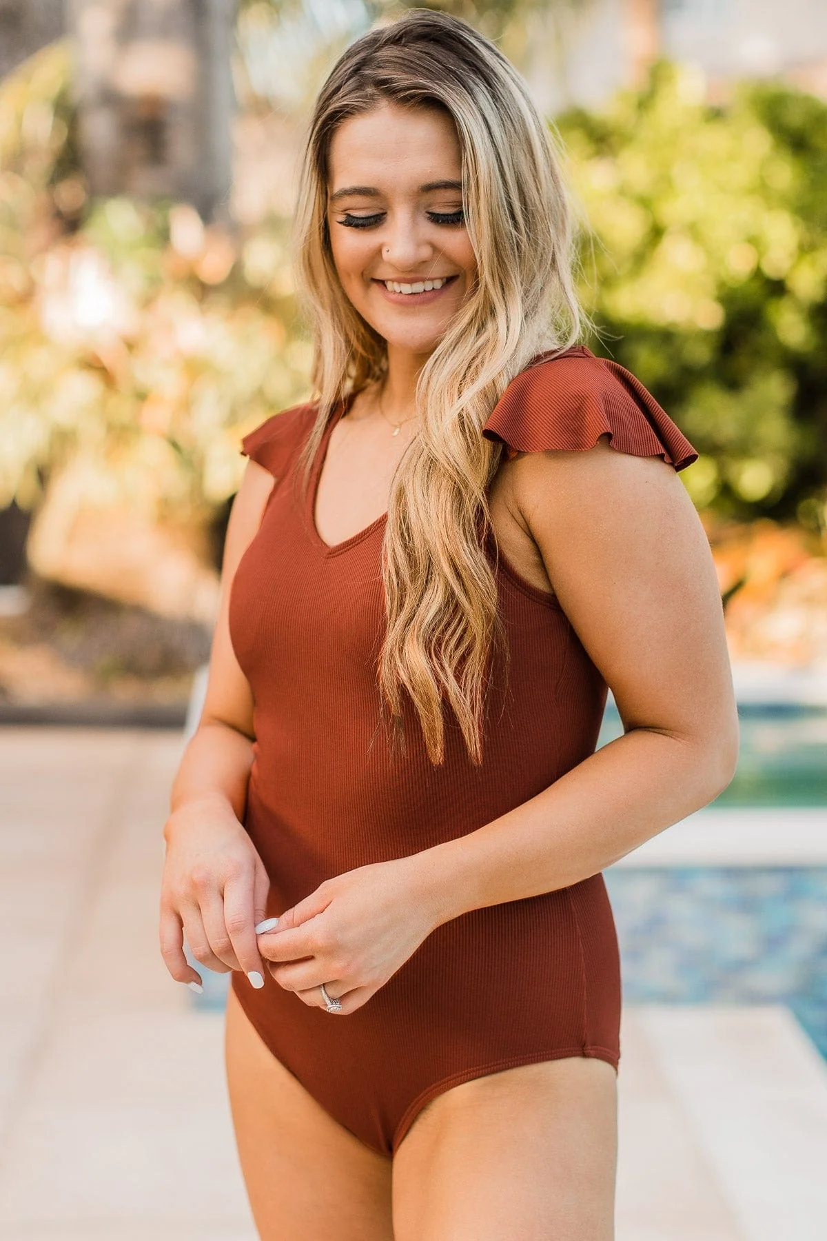 Beachside Bliss Ribbed One-Piece Swimsuit- Rust - Image 3