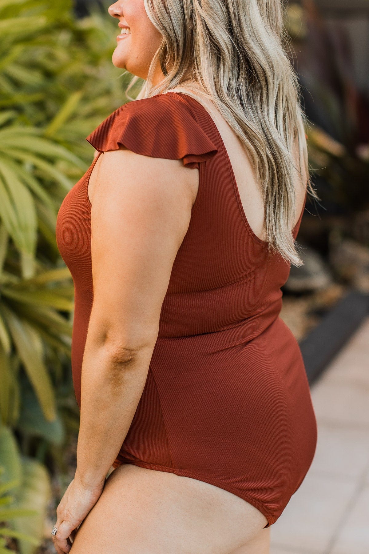 Beachside Bliss Ribbed One-Piece Swimsuit- Rust - Image 6