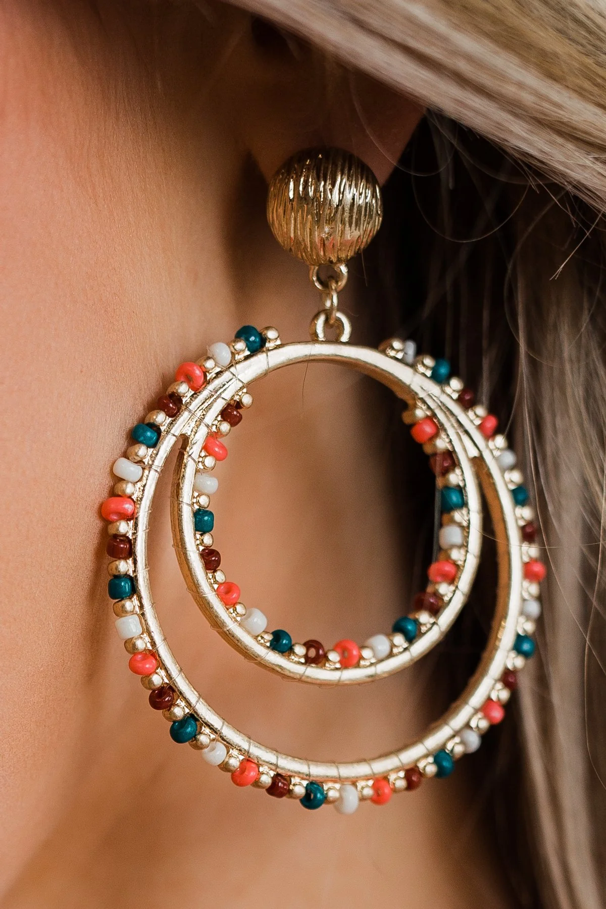 Beaded Double Hoop Gold Earrings- Teal & Burgundy - Image 2