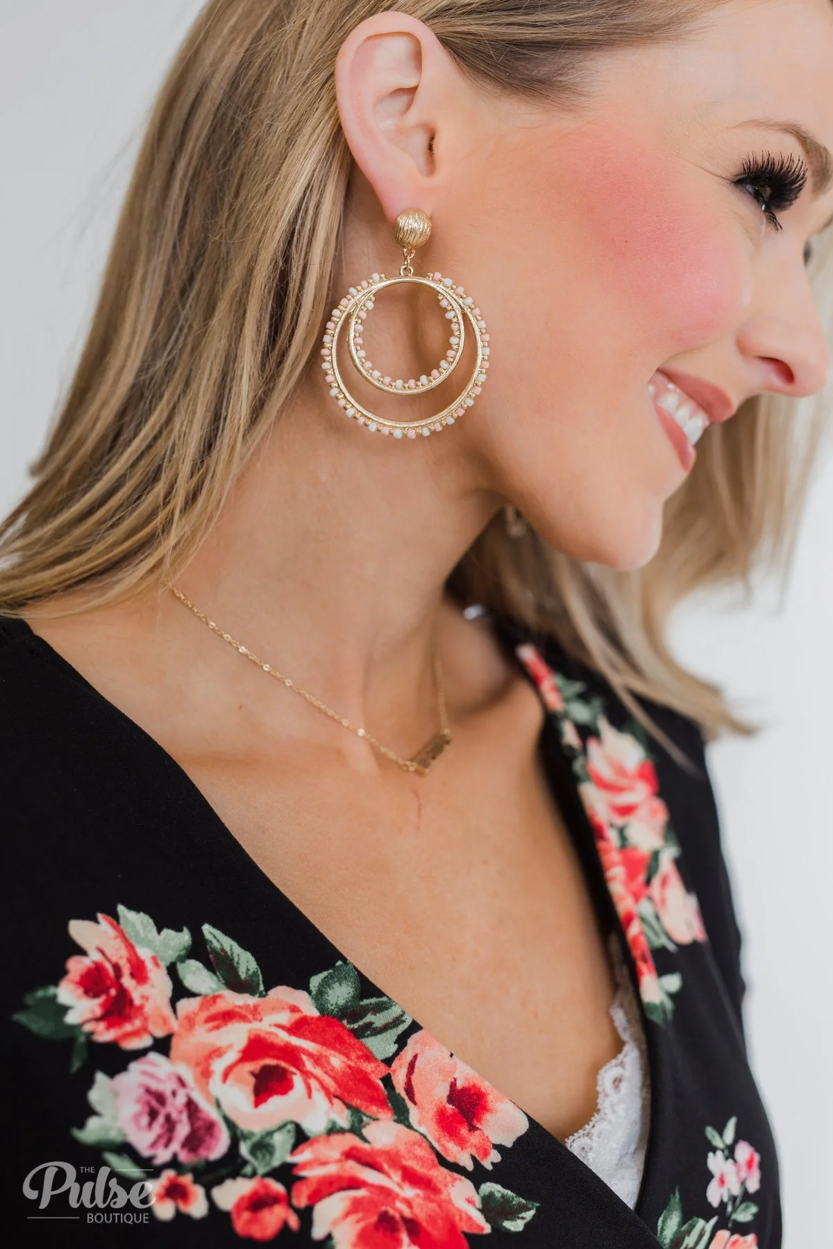 Beaded Double Hoop Gold Earrings- White & Blush - Image 3