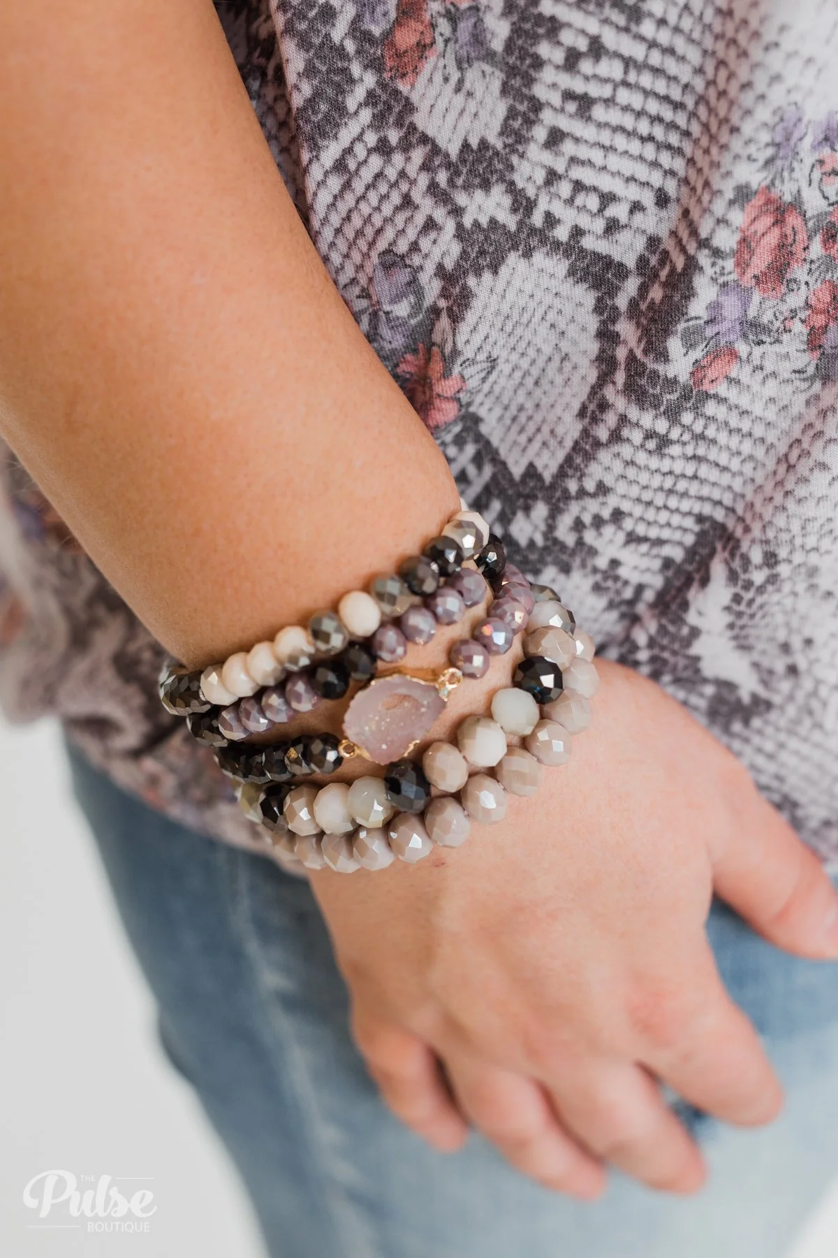 Beaded Geo Stone Bracelet Set- Purple Tones