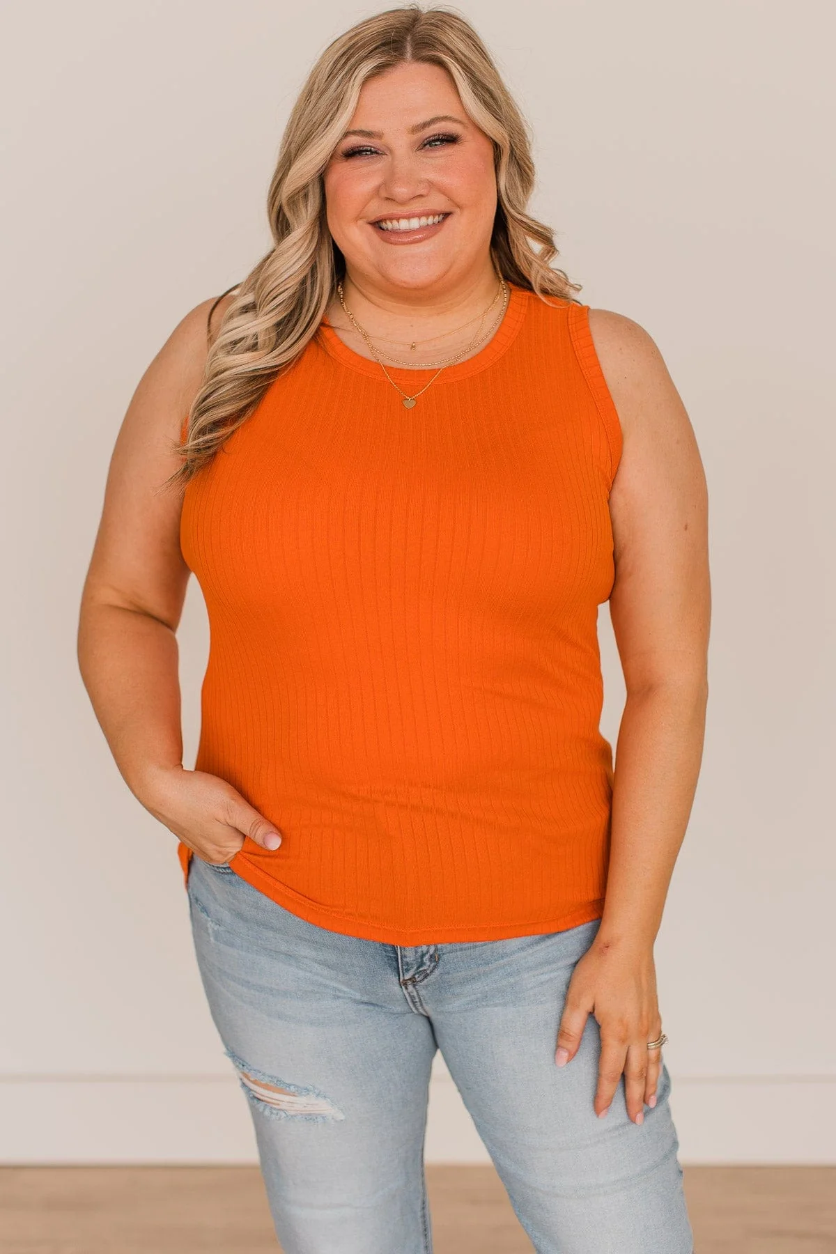 Beam Of Light Ribbed Knit Tank- Vibrant Orange - Image 2