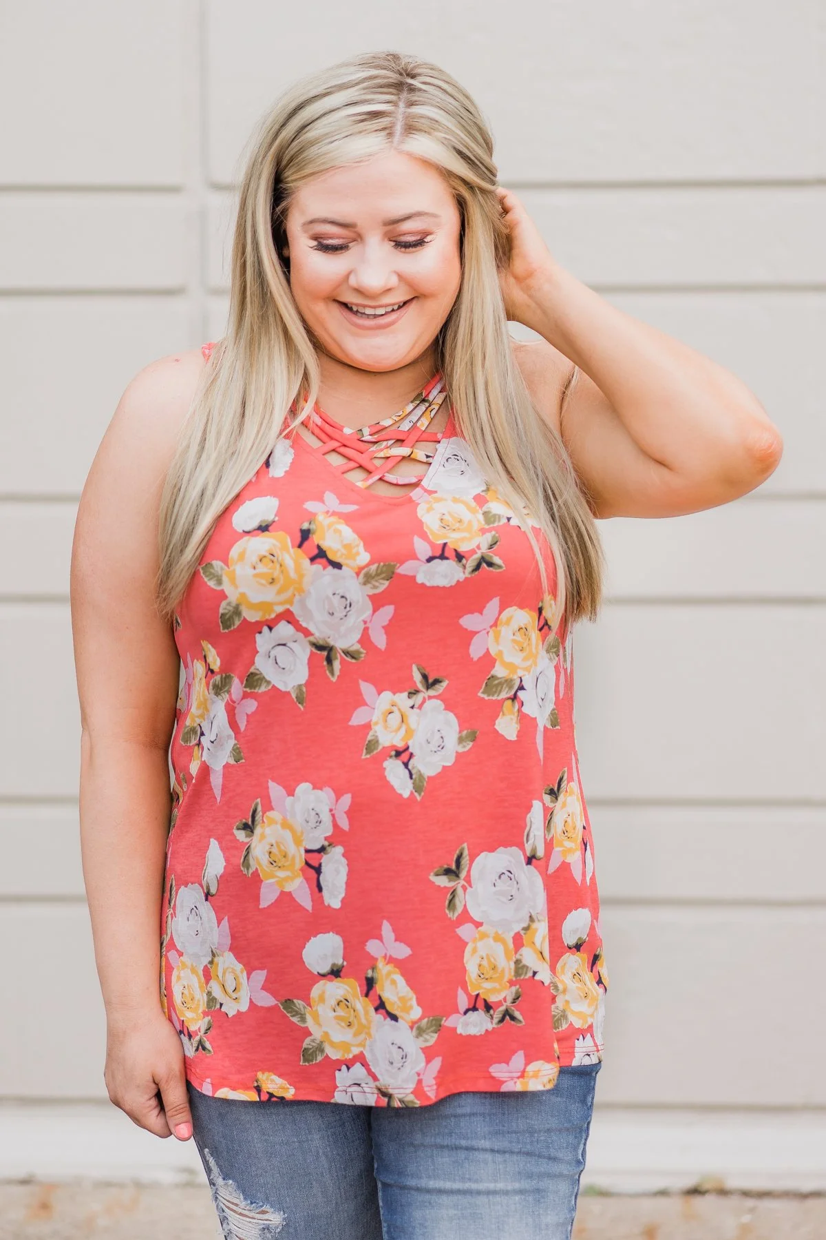 Beautiful Blossoms Criss Cross Tank Top- Soft Coral - Image 2