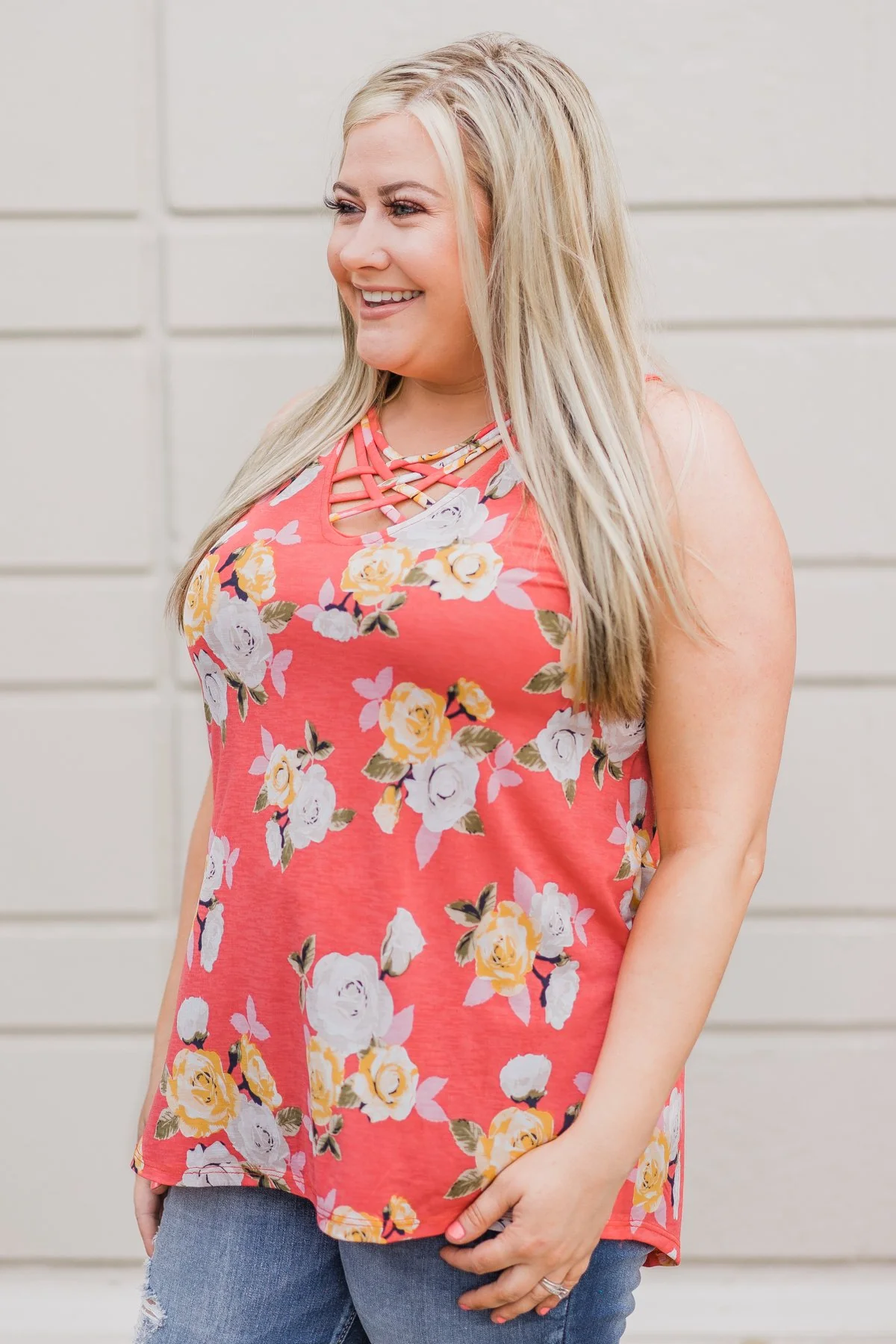 Beautiful Blossoms Criss Cross Tank Top- Soft Coral - Image 4