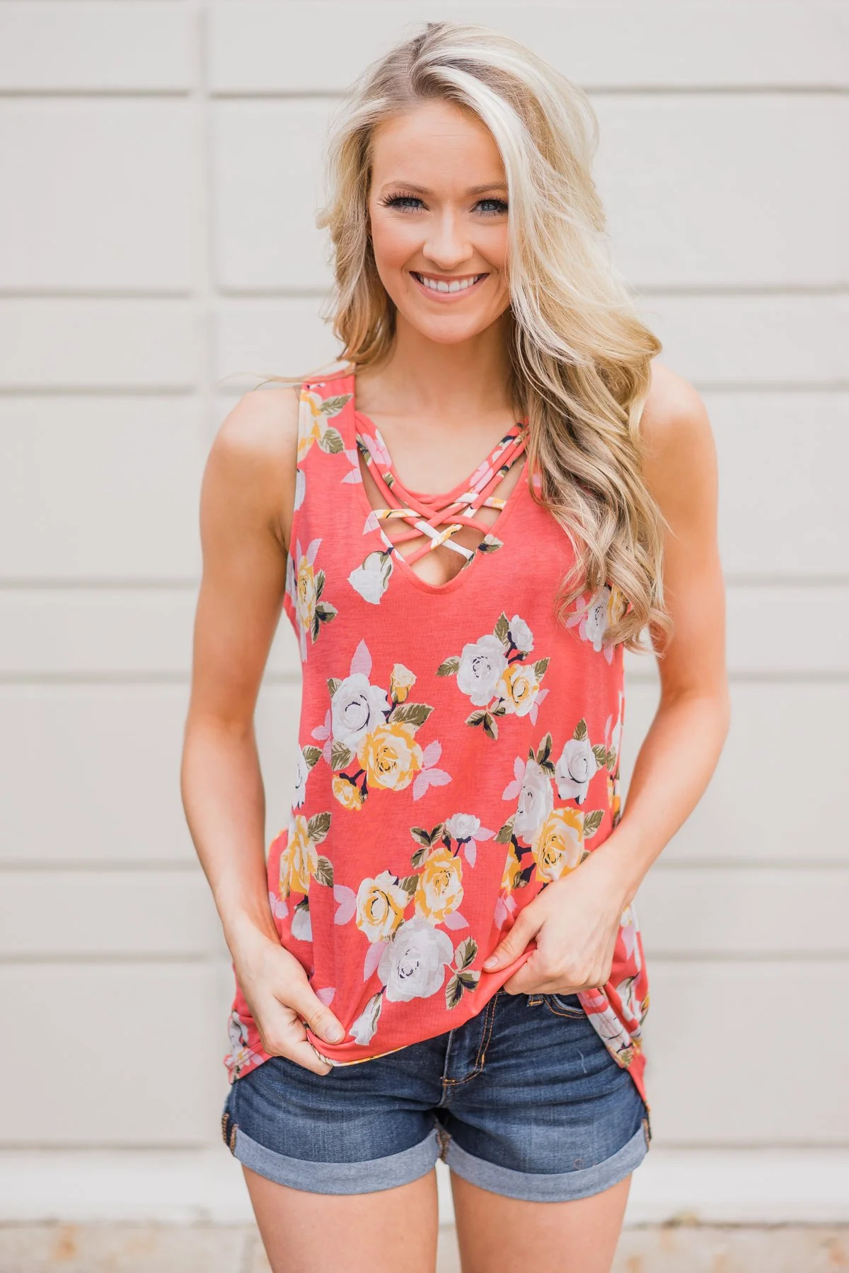 Beautiful Blossoms Criss Cross Tank Top- Soft Coral - Image 6