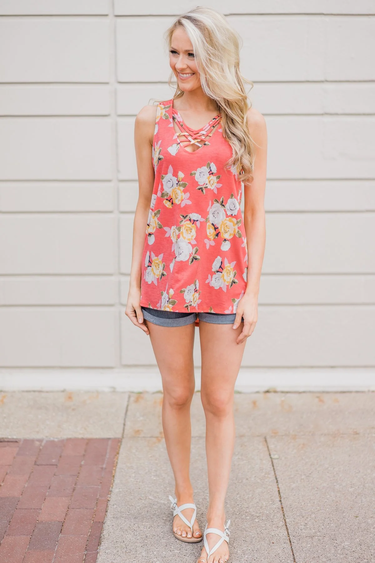 Beautiful Blossoms Criss Cross Tank Top- Soft Coral - Image 9