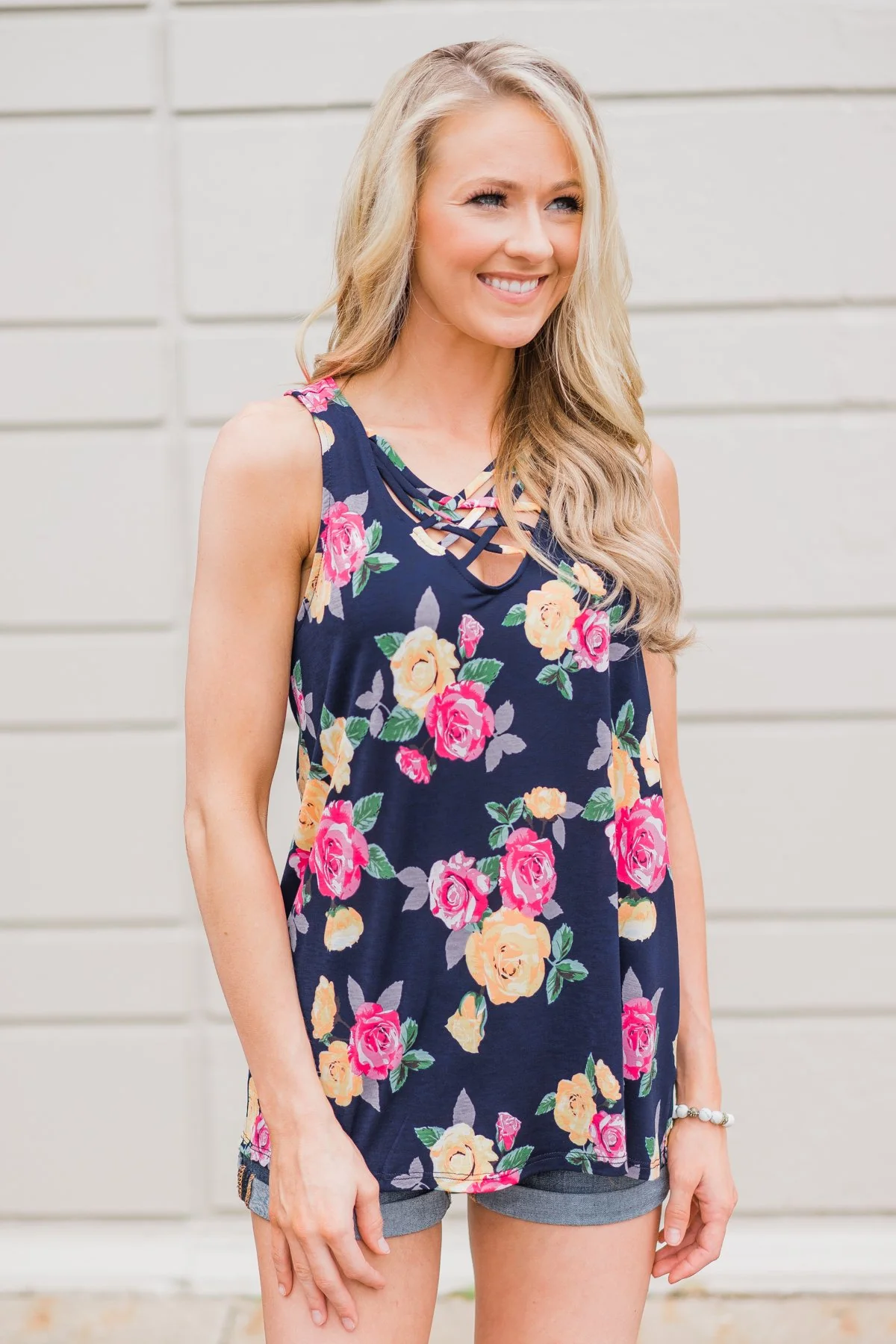 Beautiful Blossoms Criss Cross Tank Top- Navy - Image 2