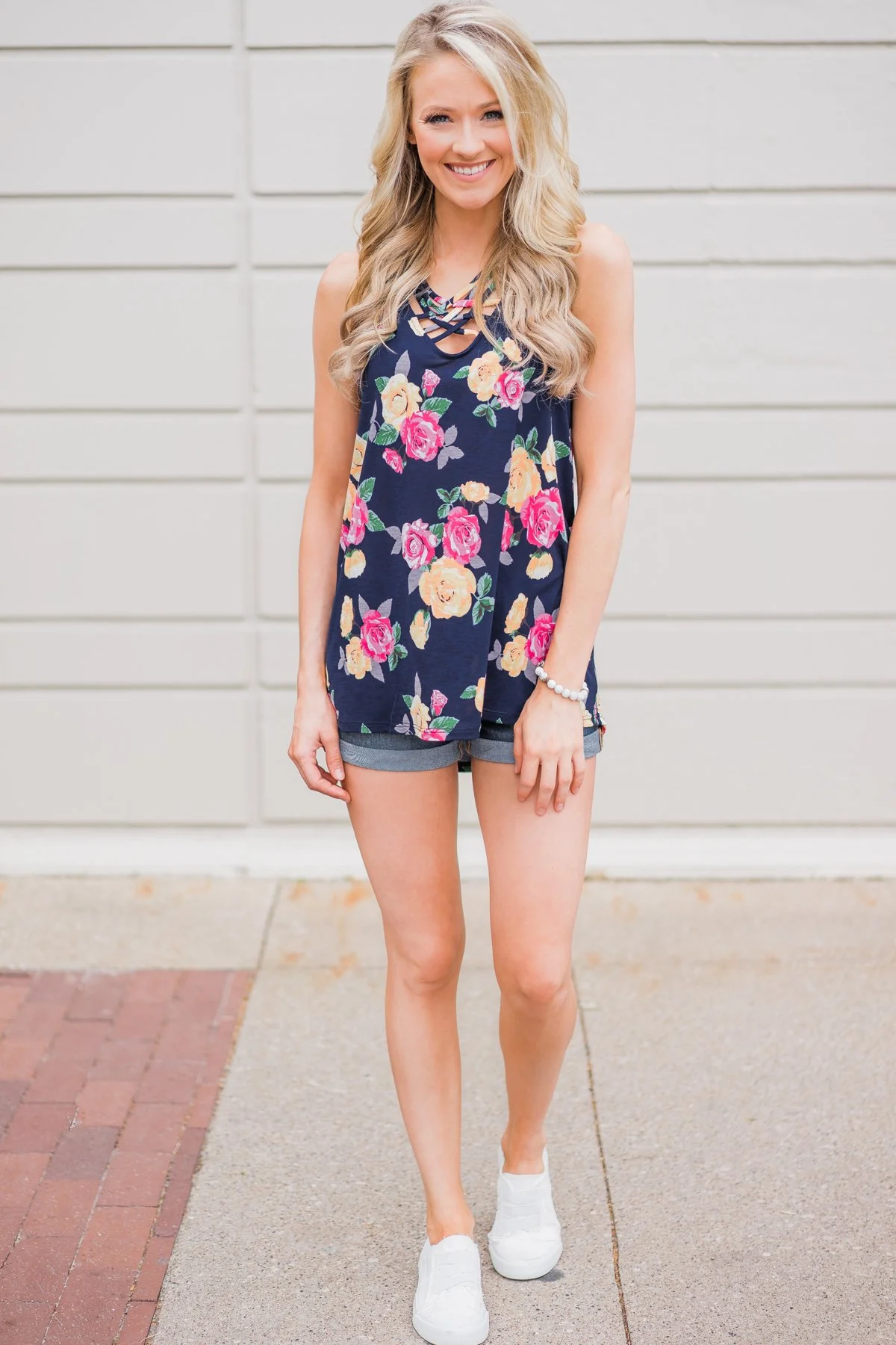Beautiful Blossoms Criss Cross Tank Top- Navy - Image 3