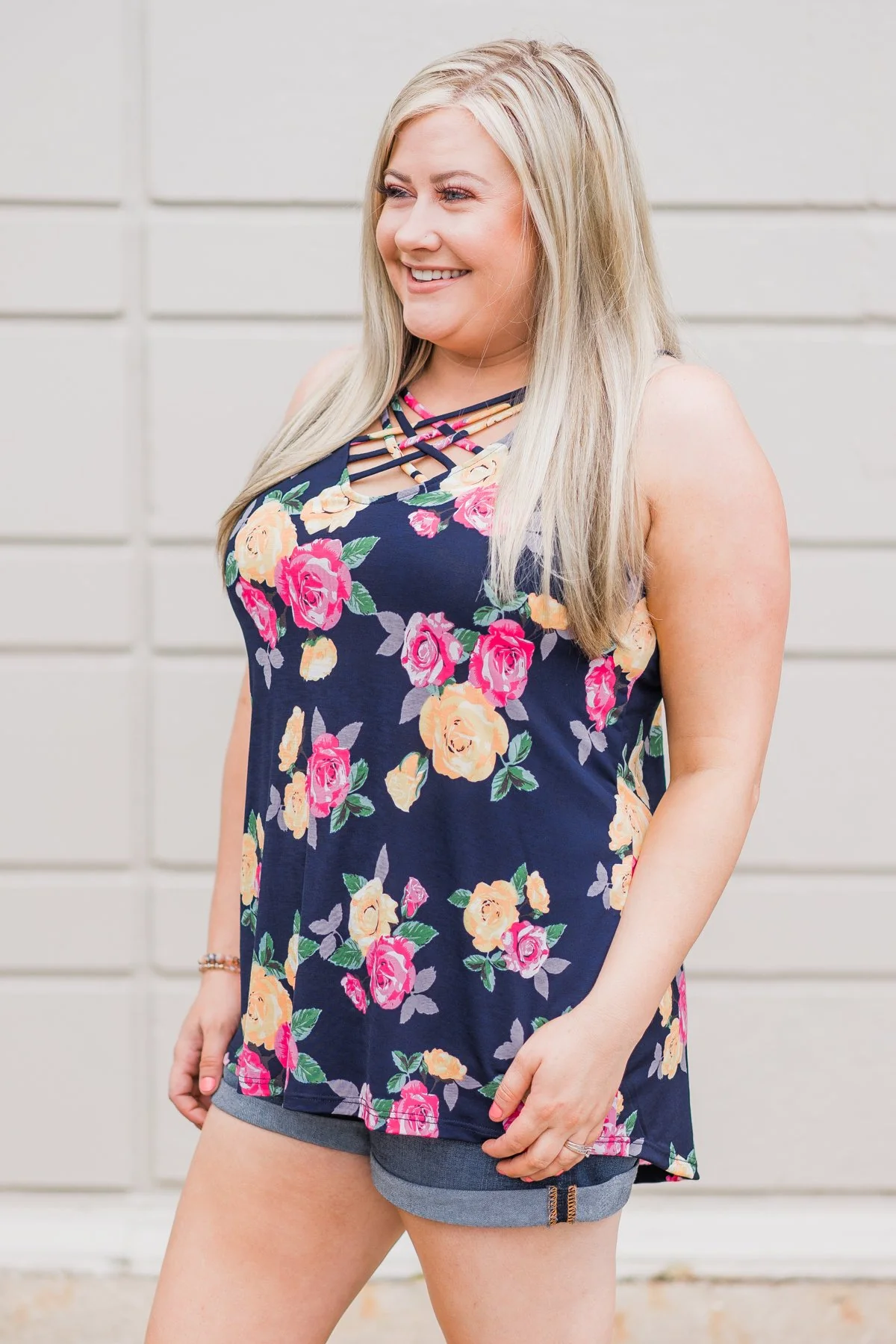 Beautiful Blossoms Criss Cross Tank Top- Navy - Image 4