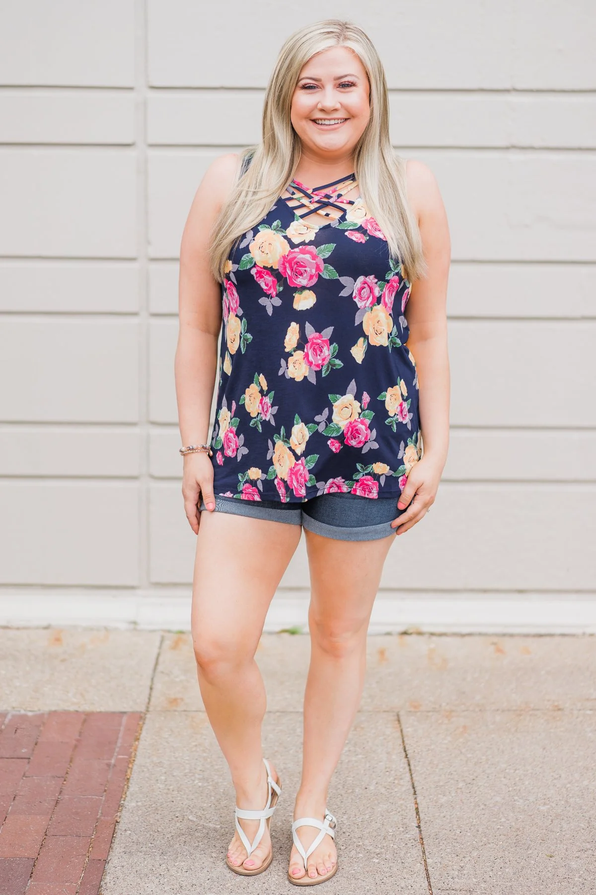 Beautiful Blossoms Criss Cross Tank Top- Navy - Image 7