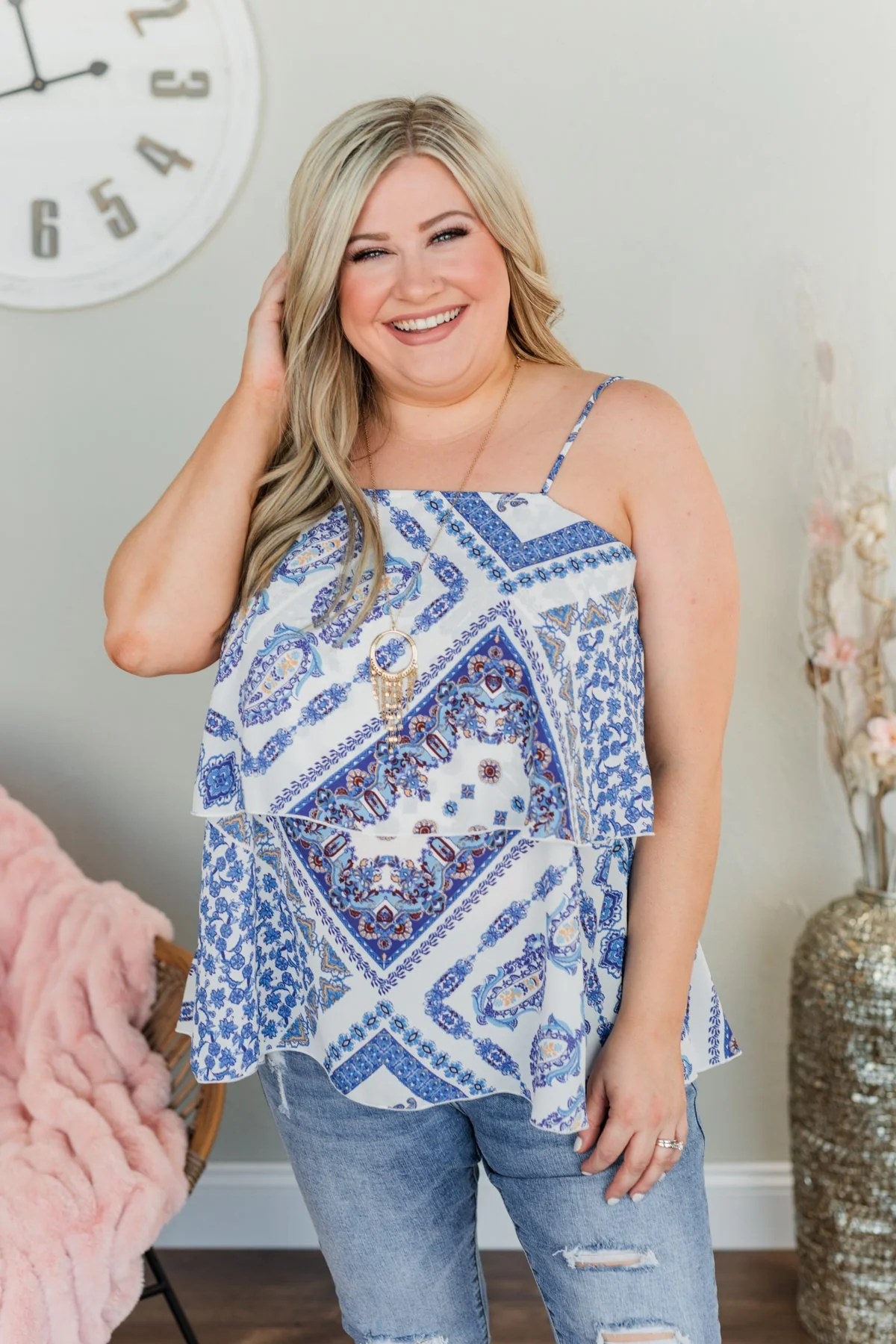 Beautiful Destinations Tiered Tank Top- Blue & Off White - Image 2