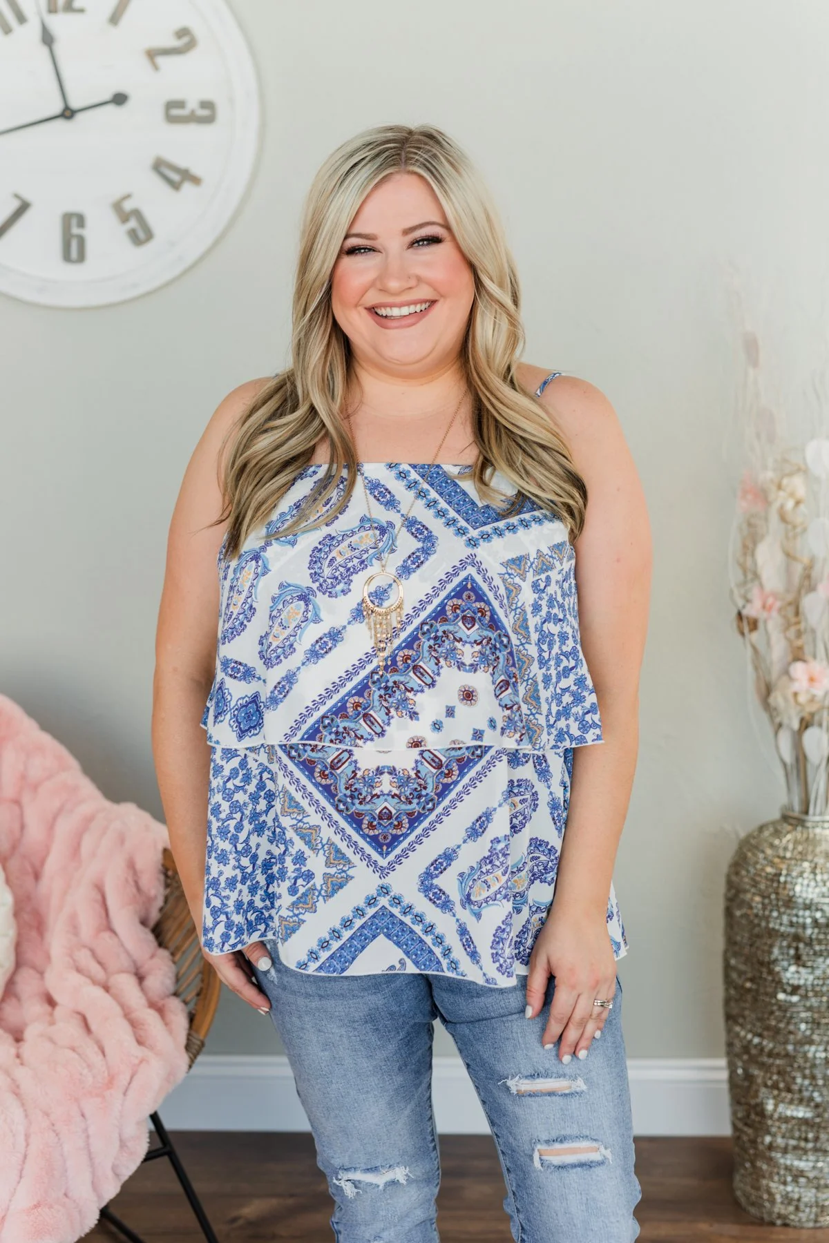 Beautiful Destinations Tiered Tank Top- Blue & Off White - Image 6