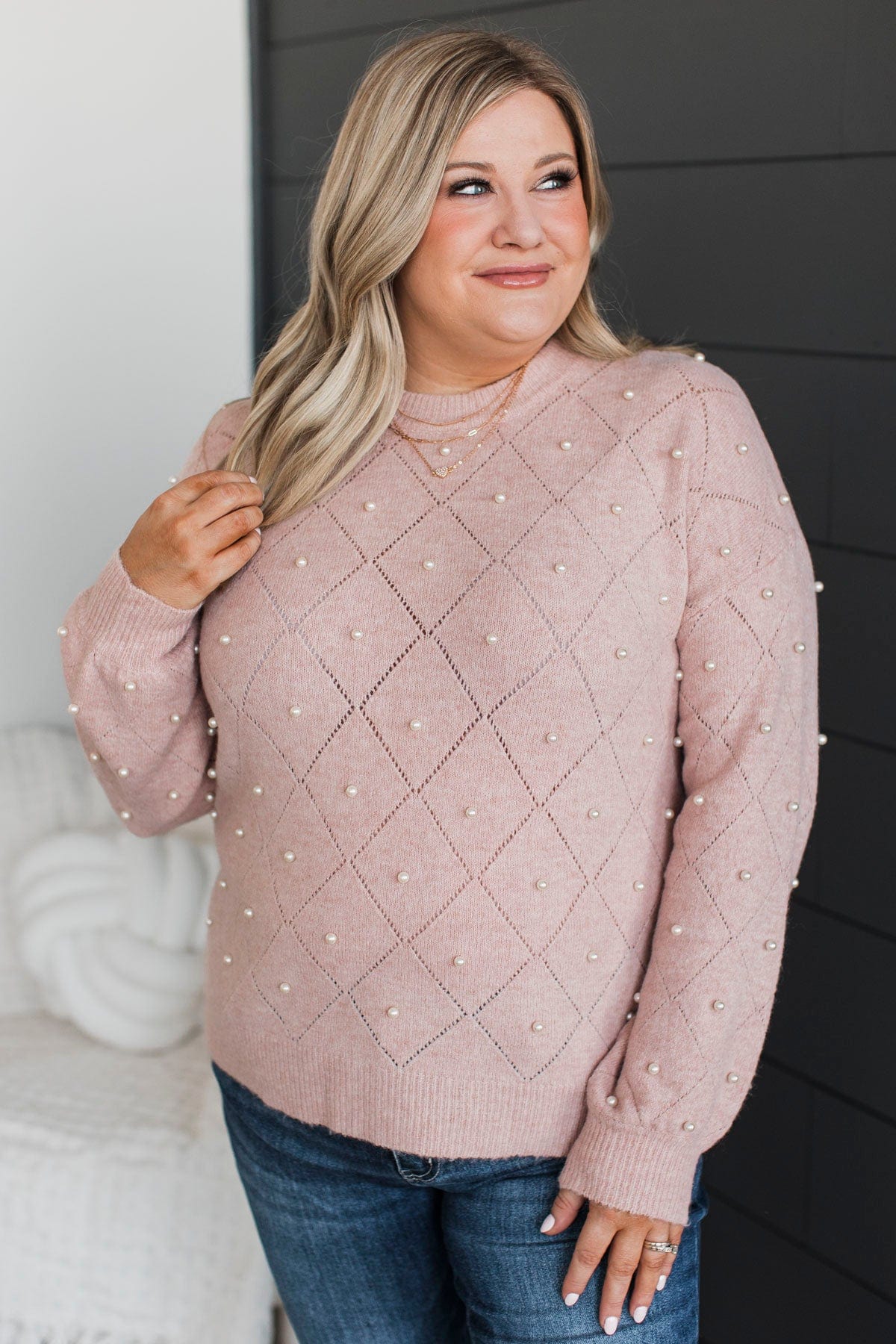 Beautiful Dreams Beaded Pointelle Sweater- Dusty Blush - Image 2