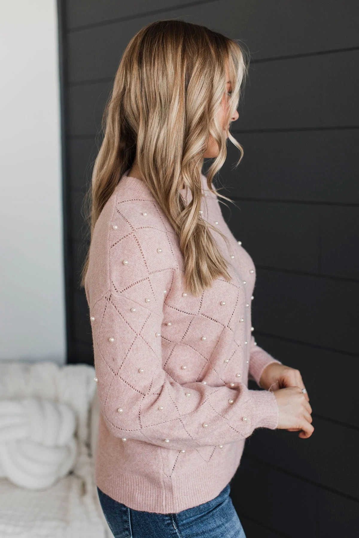 Beautiful Dreams Beaded Pointelle Sweater- Dusty Blush - Image 5