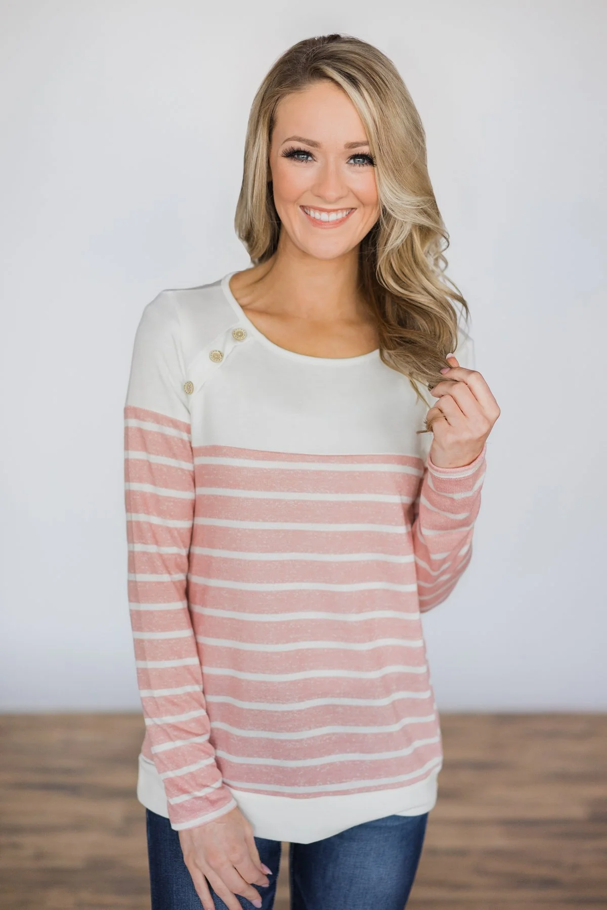Beautiful in Buttons Striped Top ~ Pink