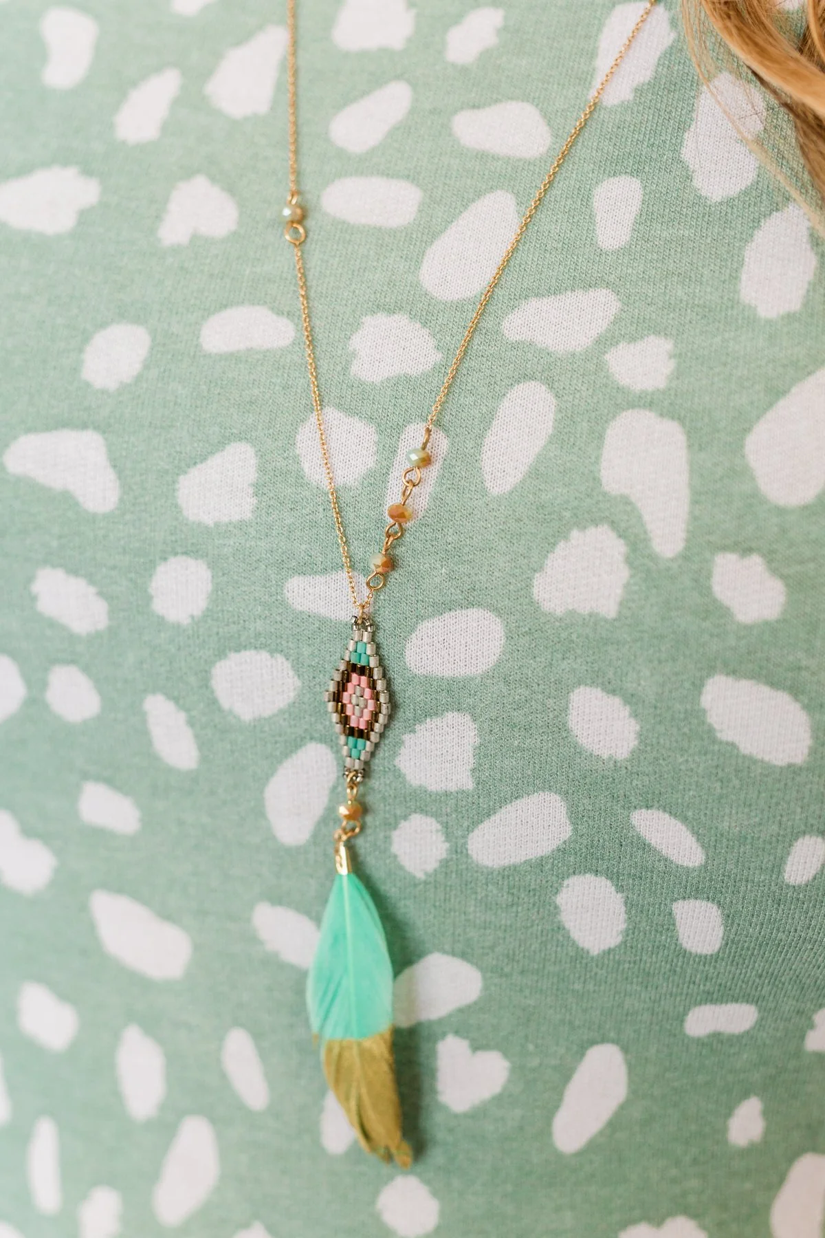 Beautifully Me Feather Pendant Necklace- Mint Blue & Gold - Image 2