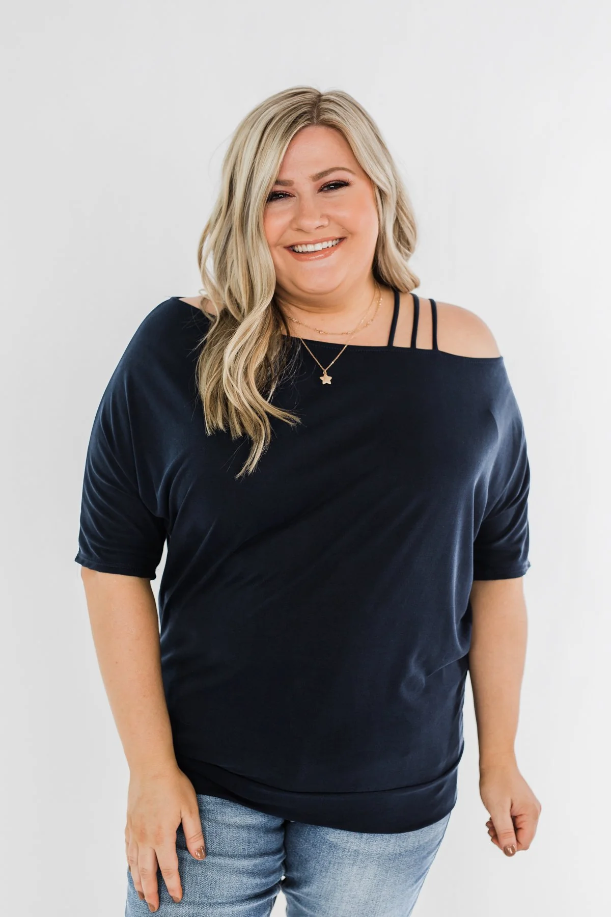 Beautifully You Cold Shoulder Top- Navy - Image 2