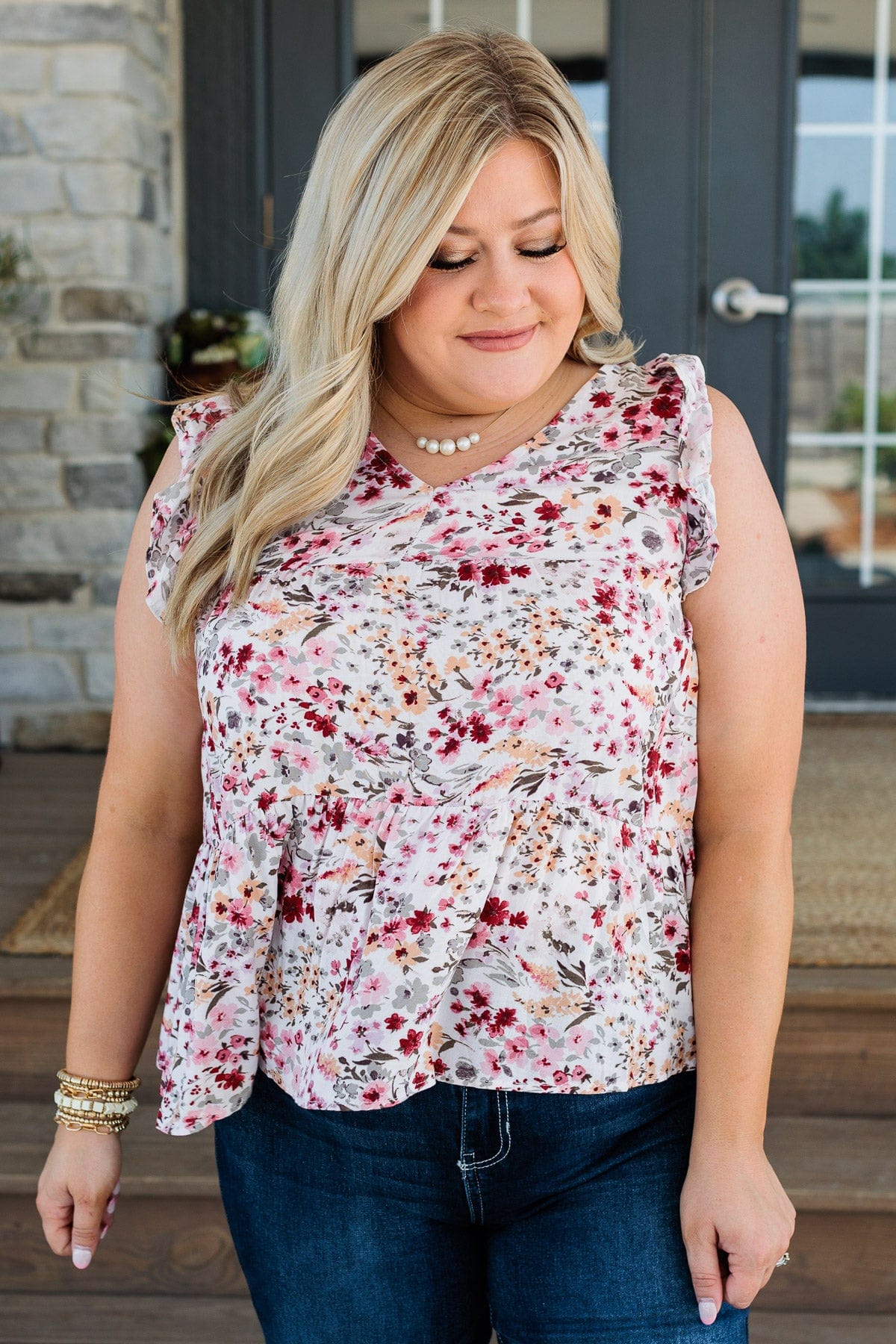 Beauty Is Key Flutter Sleeve Blouse- Ivory & Blush - Image 2